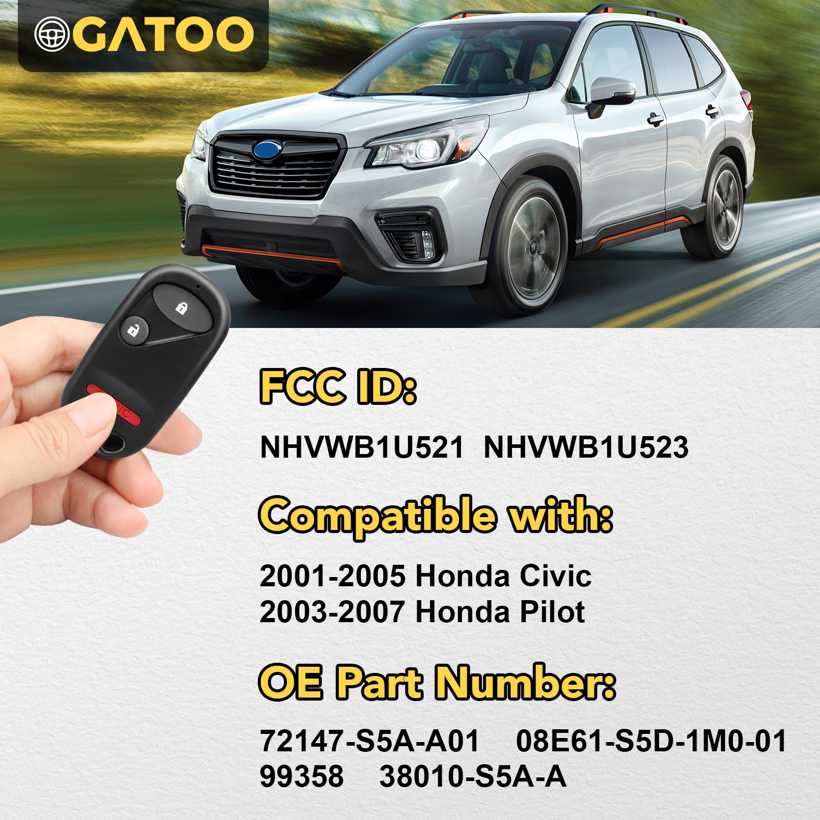 Replacement Key Fob For Honda Civic & Pilot 2001-2007 | Fits NHVWB1U523, NHVWB1U521 | Easy Self-Programming