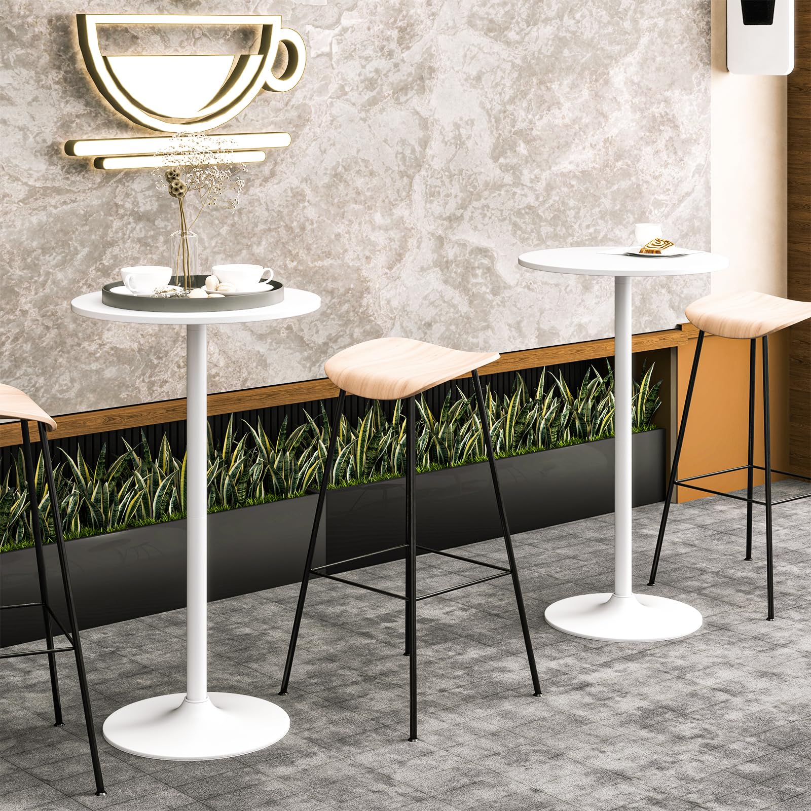 LIFEZEAL Tavolo da Bar Alto, Rotondo, Tavolino da Cocktail, da Divano, Altezza Regolabile, Telaio in Acciaio, Moderno, Pub, Bistrot, Cucina, Soggiorno, Balcone, 60x56-101,5cm, Max 55kg (2, bianco)