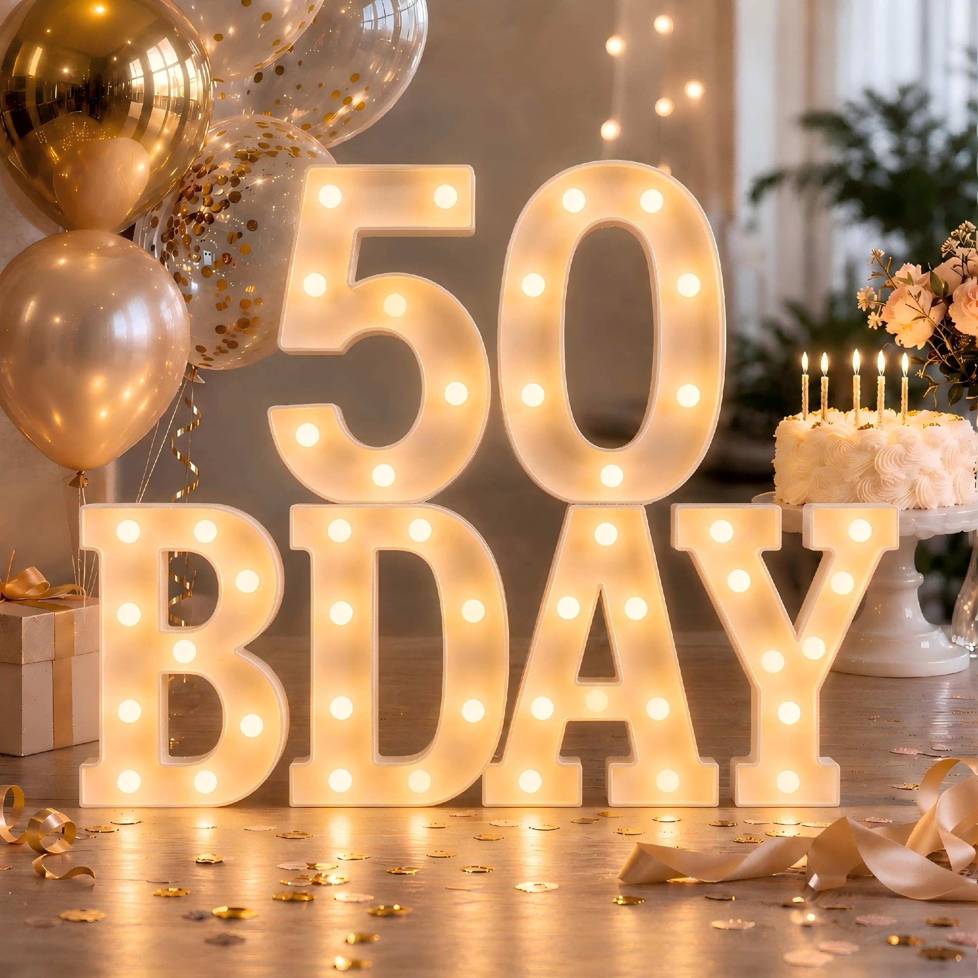 50th Birthday Decorations for Women and Men - 6 LED Long Marquee Light Up Letters '50 BDAY' for Party Decor