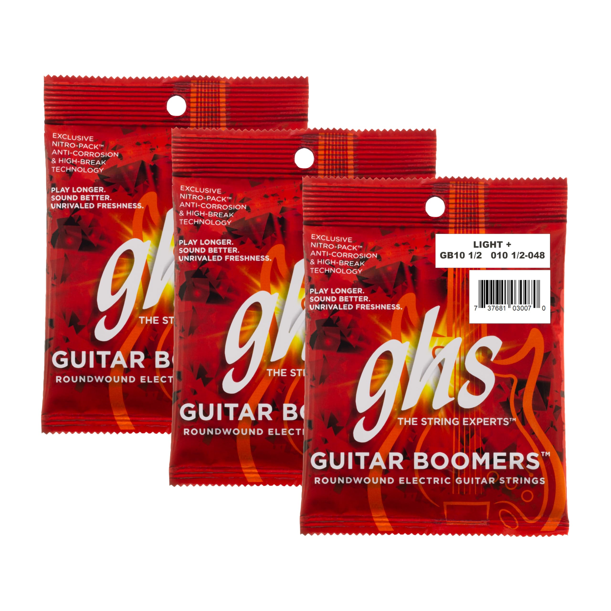 GHS Strings, GB10 1/2 Boomers, Nickel Plated Steel Electric Guitar Strings, Legendary Strength, Consistent Intonation, Long Lasting Brightness, Tone &amp; Sustain 6-String Guitar 10.5-48 LT+ Gauge, 3 Pack