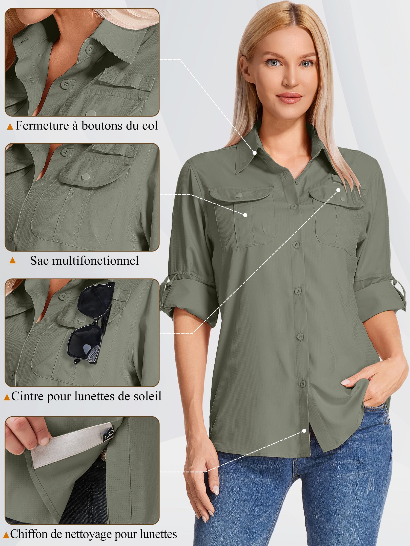 Chemise pour Femme - Protection UPF 50+ Chemises et t-Shirts de randonnée Femme Vêtement Safari Manches Longues - Idéale pour randonnée, Trekking, pêche, Camping