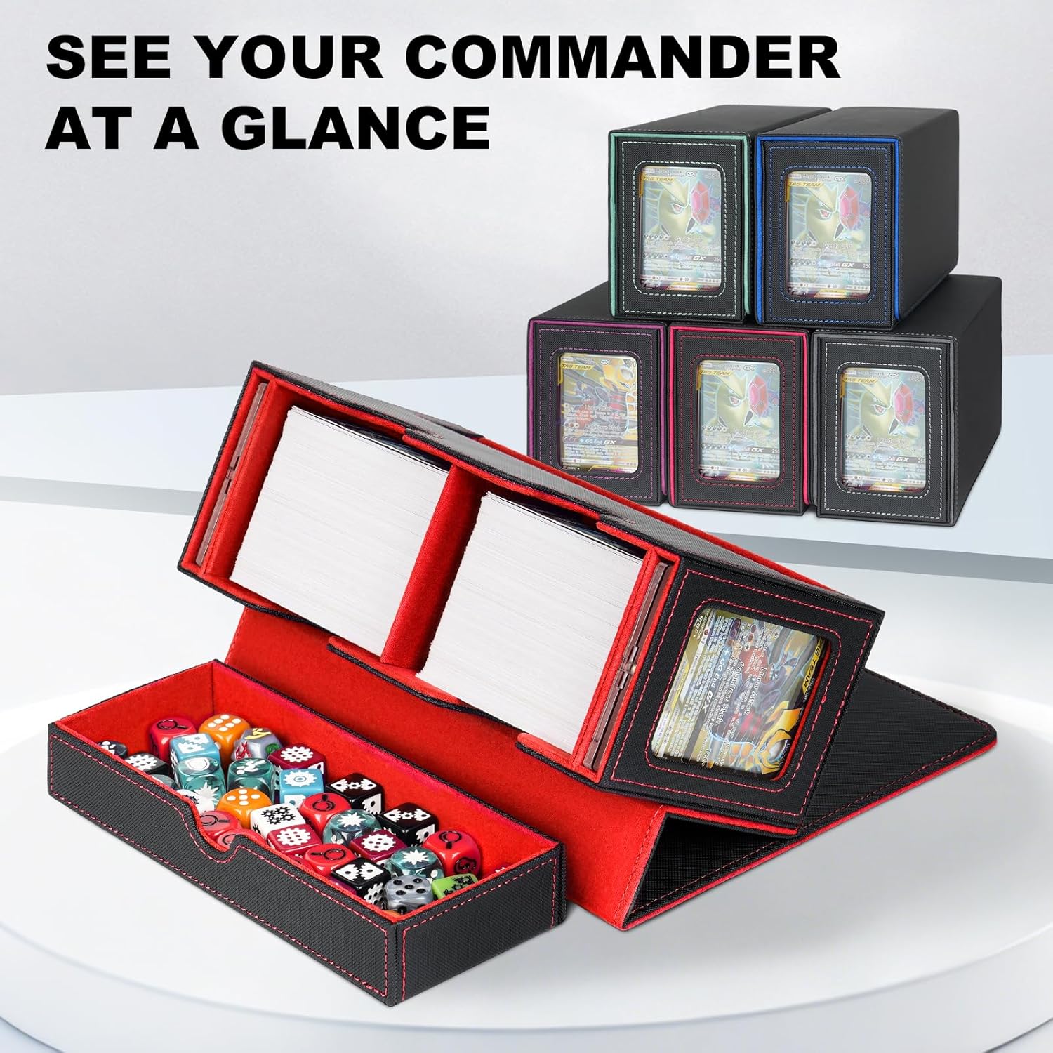 Card Deck Box for MTG Commander, Deck Display Case Holds 200+ Double-Sleeved Cards, 35pt Card Brick & Dice Tray, Storage Box For TCG CCG Sports, Black&Red