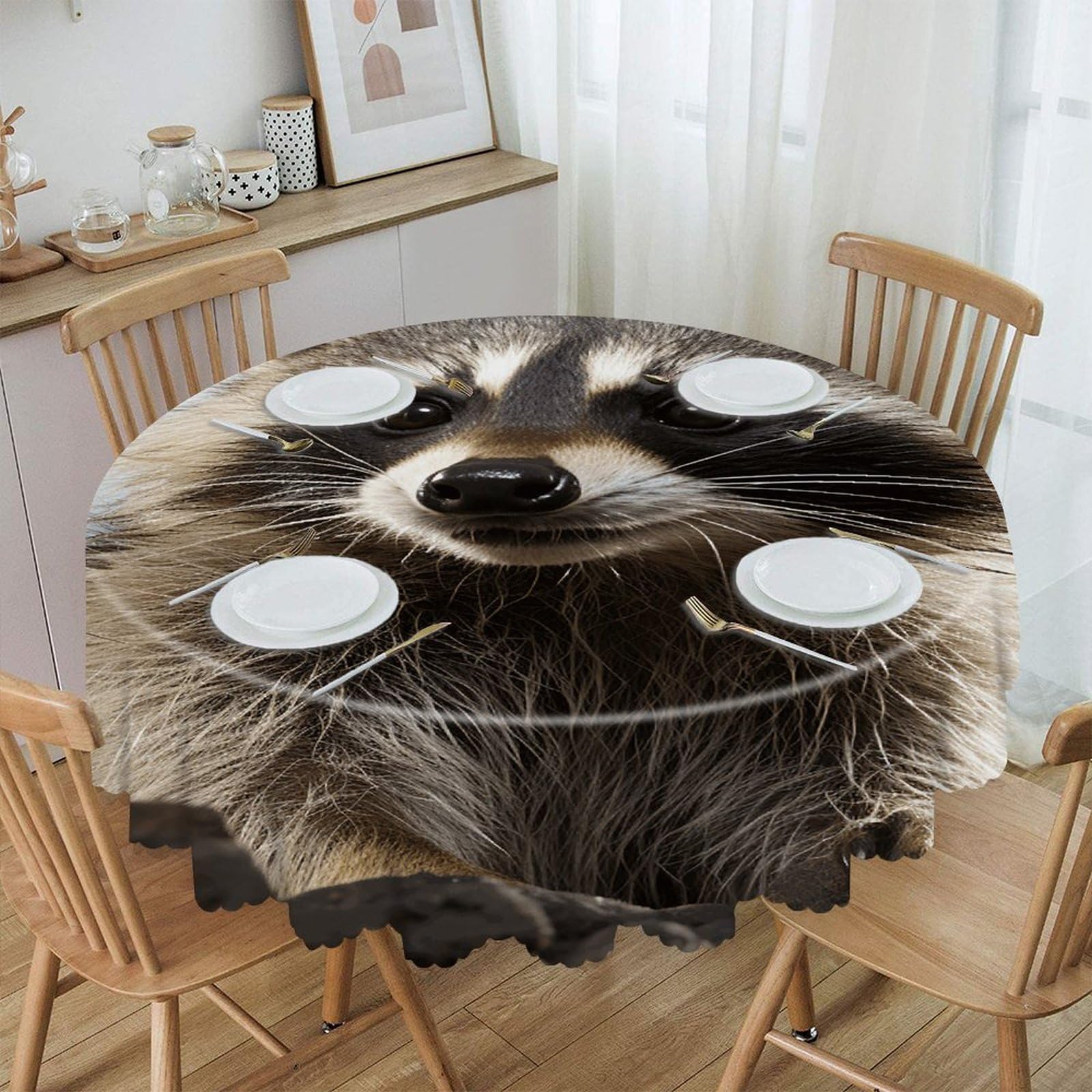 VstaDank Hairy Raccoon Round Tablecloth Wipeable Round Polyester Tablecloth Waterproof Wrinkle Free Indoor and Outdoor Table Cover 60 Inch Decorative Farmhouse Table Cloth for Dining