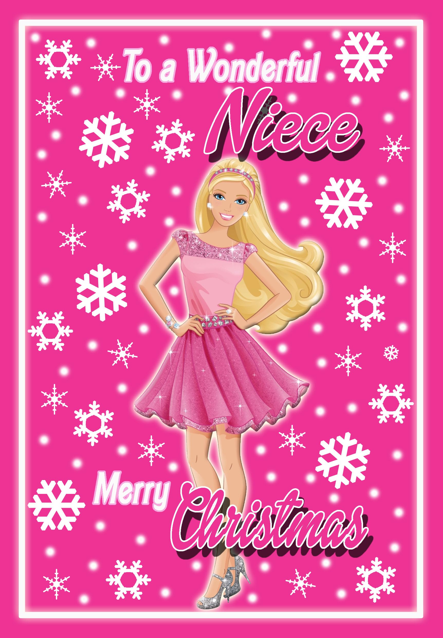Barbie Niece Christmas Card – Optional PERSONALISED EXTRA LARGE 77MM BADGE - POSTED SAME DAY - FULL COLOUR INSIDE!
