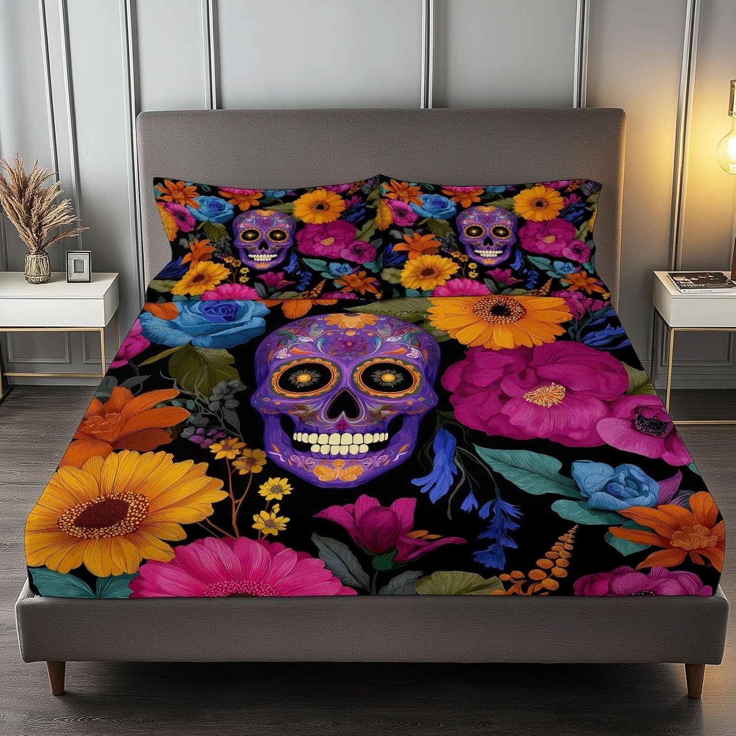 Sunflower Single Fitted Sheet Skeletons Bed Sheets Deep Pocket 12 inch (30 cm) Soft Cozy 3 Piece Microfibre Bed Sheet 90x190 cm with 2 Pillowcases 50x75 cm