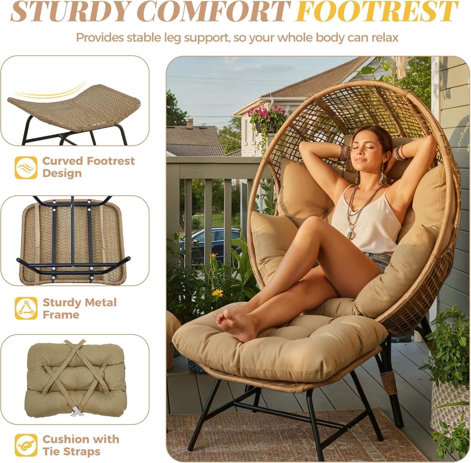 BULEXYARD Oversized Indoor Outdoor Egg Chair with Ottoman, Brown Wicker Patio Deep Egg Seat with Brown Thick Cushion & Foot Rest, Large Stationary Lounge Chair for Balcony Bedroom, 2 Pcs w/Cover