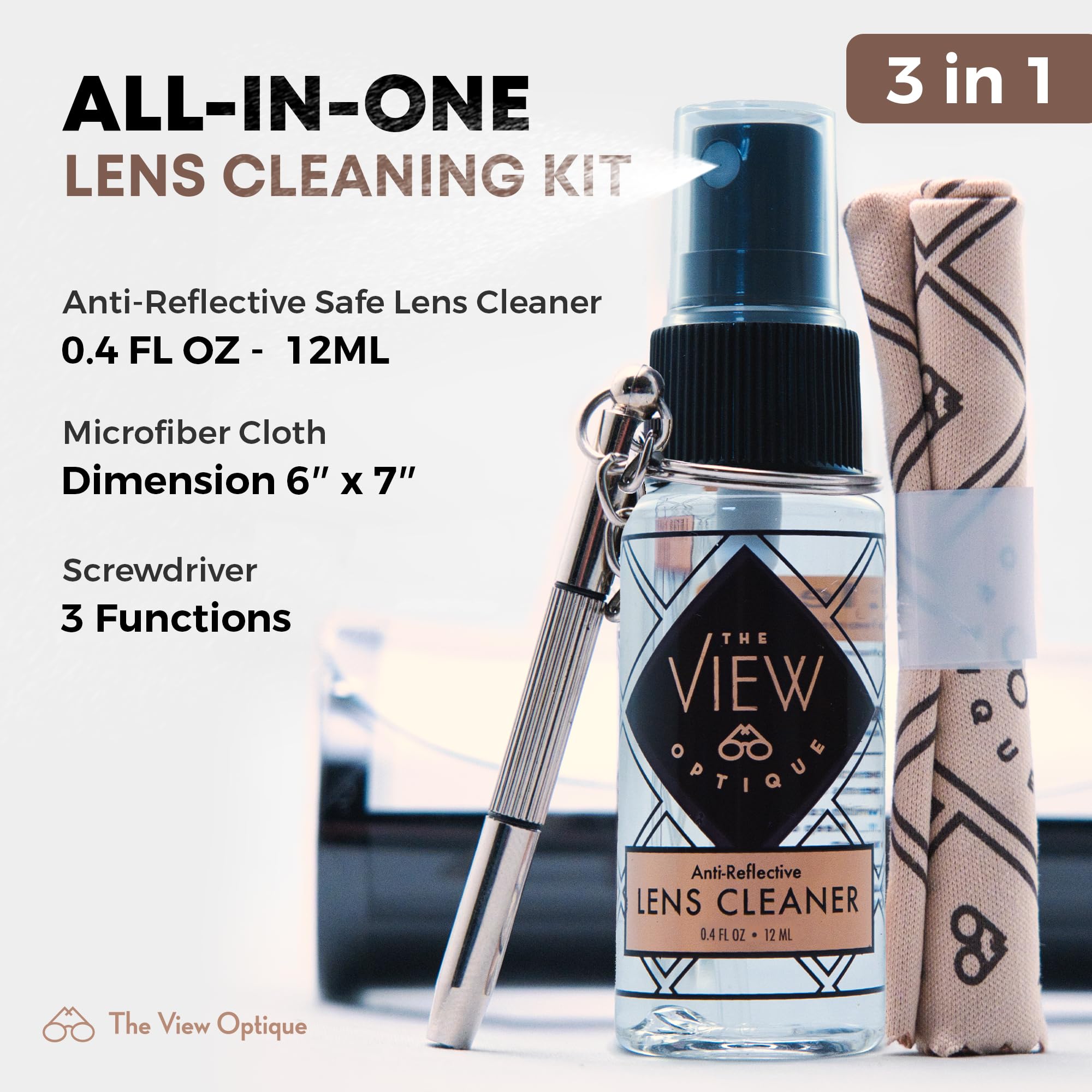 Kit de limpieza y reparación de lentes antirreflectantes: spray limpiador de gafas de 11.3 g, paño de microfibra y destornillador de llavero en una funda de vinilo para gafas, gafas