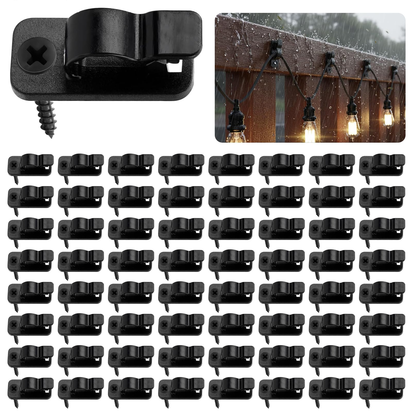 Fooduck 80 Pack Outdoor String Light Clips with Screws, Black Fairy Light Hooks for Fence, Garden, and Patio, Durable Cable Hangers for Christmas Lights, Wire Management Clips for Outdoor Use