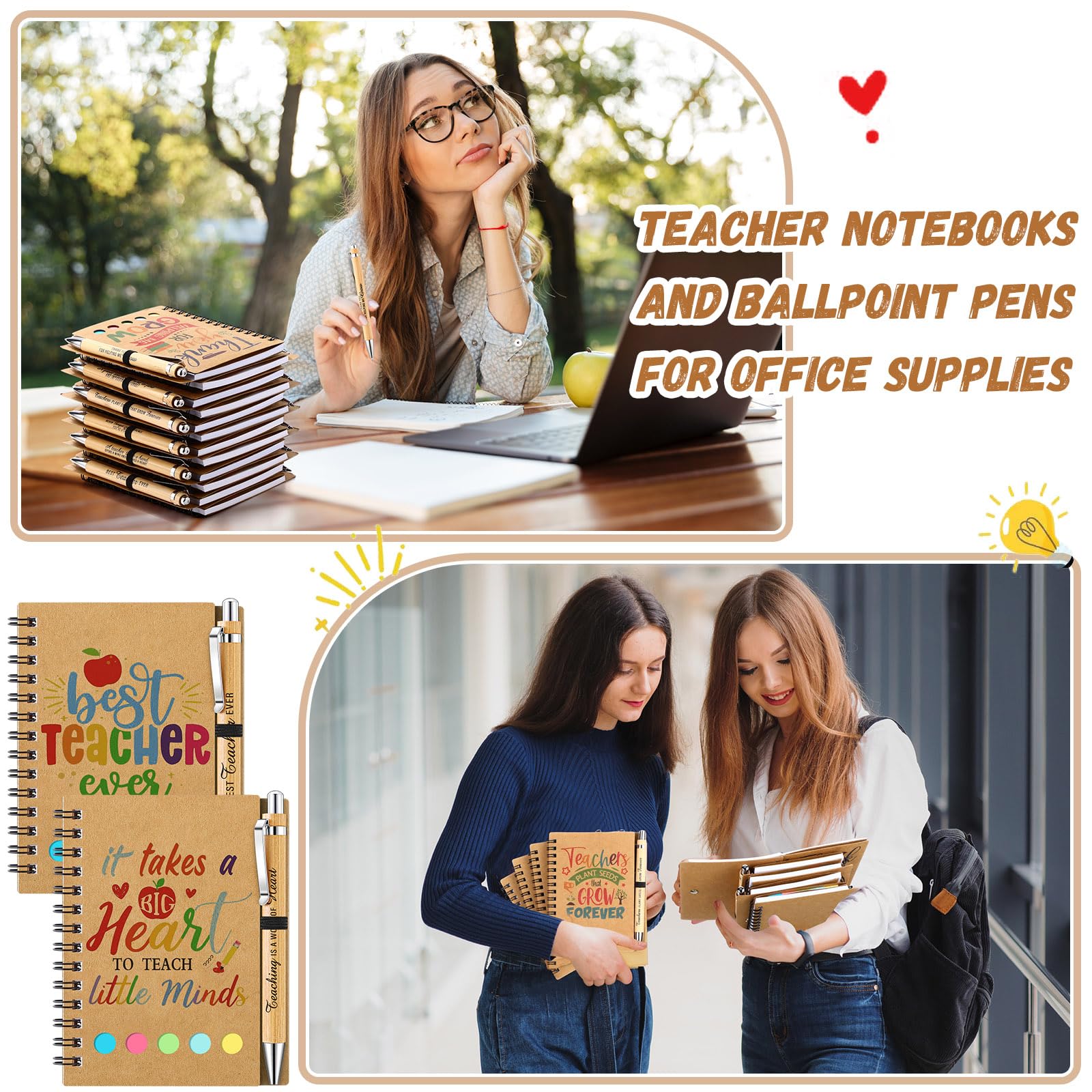 Resurhang 24 set di regali di apprezzamento per insegnanti da studenti, quaderni a spirale per insegnanti con copertina in carta kraft con note adesive colorate bandiere penne a sfera in bambù