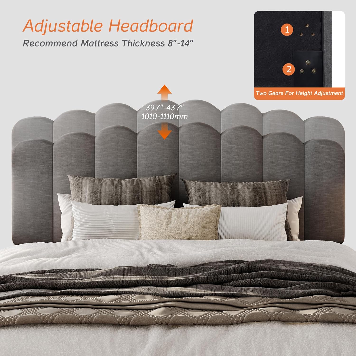 WAMPAT Queen Bed Frame with Upholstered Headboard, Platform Bed with Durable Wooden Slats, No Box Spring Needed, Noise-Free Design, Easy Assembly, Dark Grey