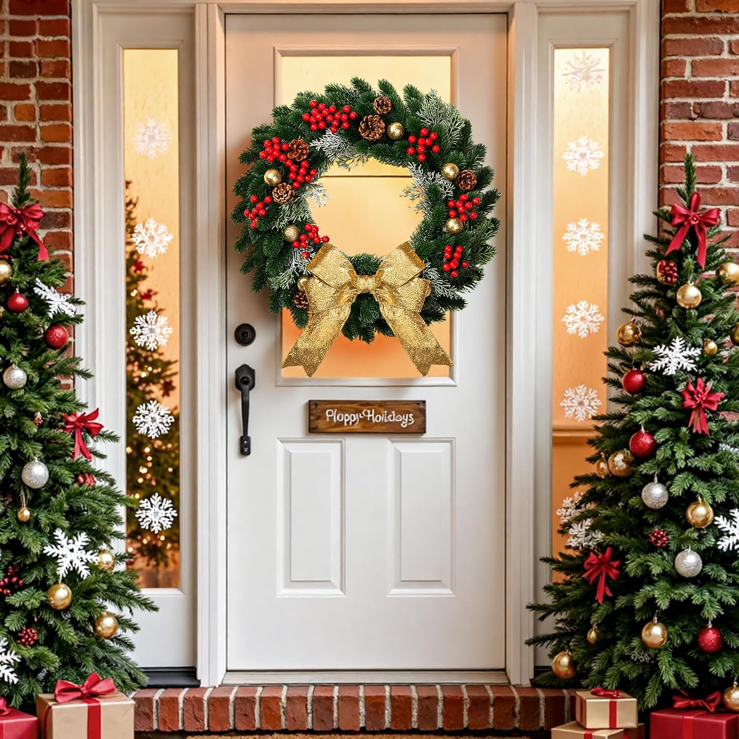 Christmas Wreath for Front Door with Gold Bow, 13" Christmas Wreath with Pine Cones, Red Berries & Glitter Balls, Holiday Door Wreath for Indoor Outdoor Xmas Decor - Image 2