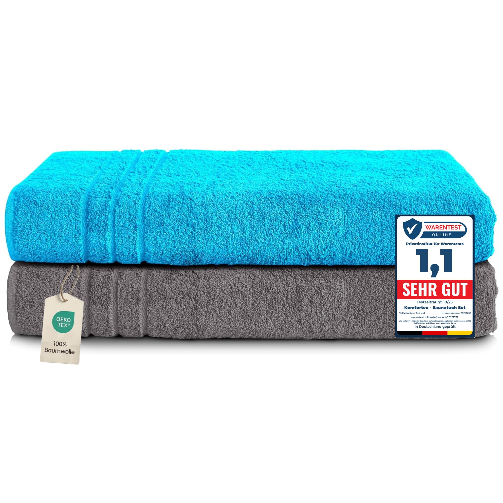 Komfortec 2er Saunahandtuch Set 80x200 cm, Große Saunatücher aus 100% Baumwolle, Sauna Handtücher, Flauschig und Saugstark, Schnelltrocknend, Anthrazit Grau/Türkis