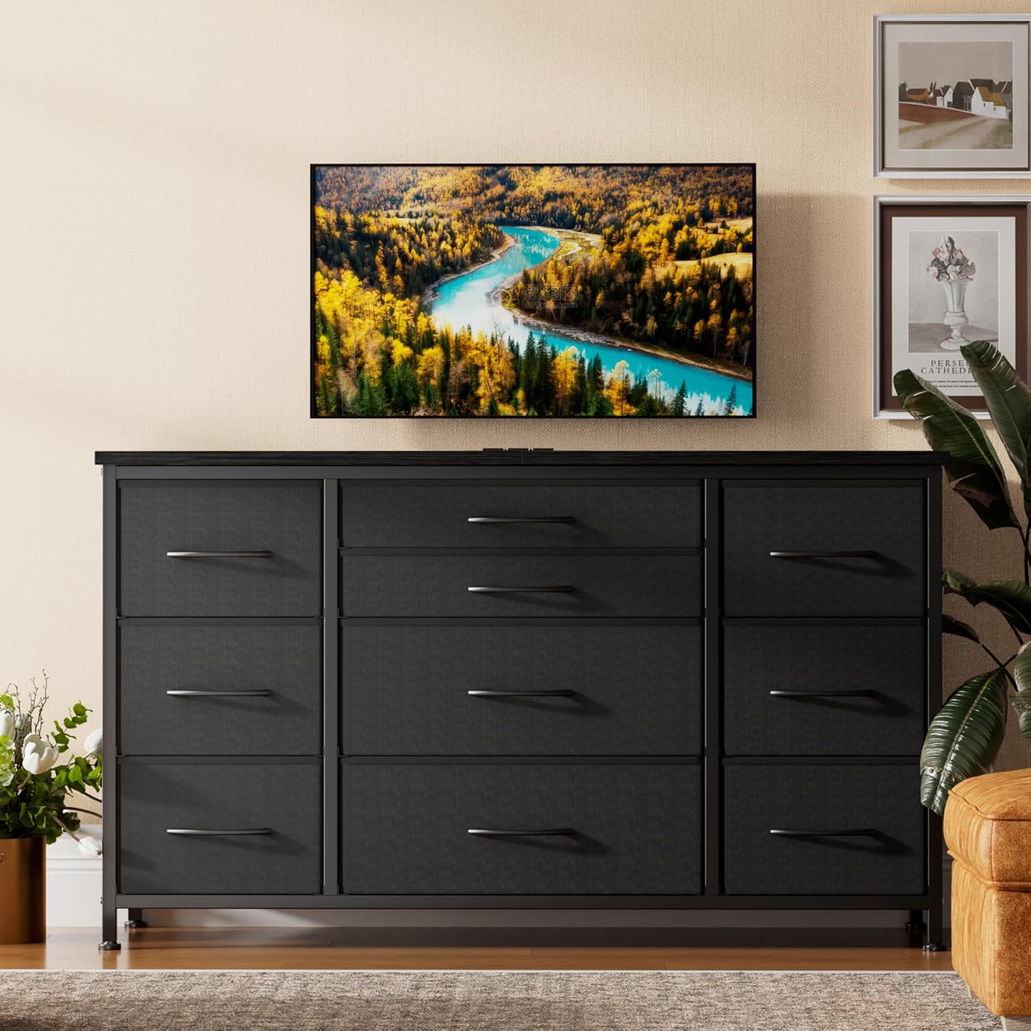 10 Drawer Dressers for Bedroom, Tv Stand Dresser for 55", Chests of Drawers with Power Outlet, Wide Kids Dresser with Fabric Drawers for Clothing, Storage, Black