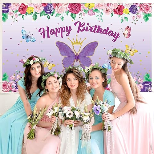 Miniatura 4 de Banner de mariposa de feliz cumpleaños decoraciones de mariposa morada para niñas y mujeres telón de fondo de mariposa para baby shower y
