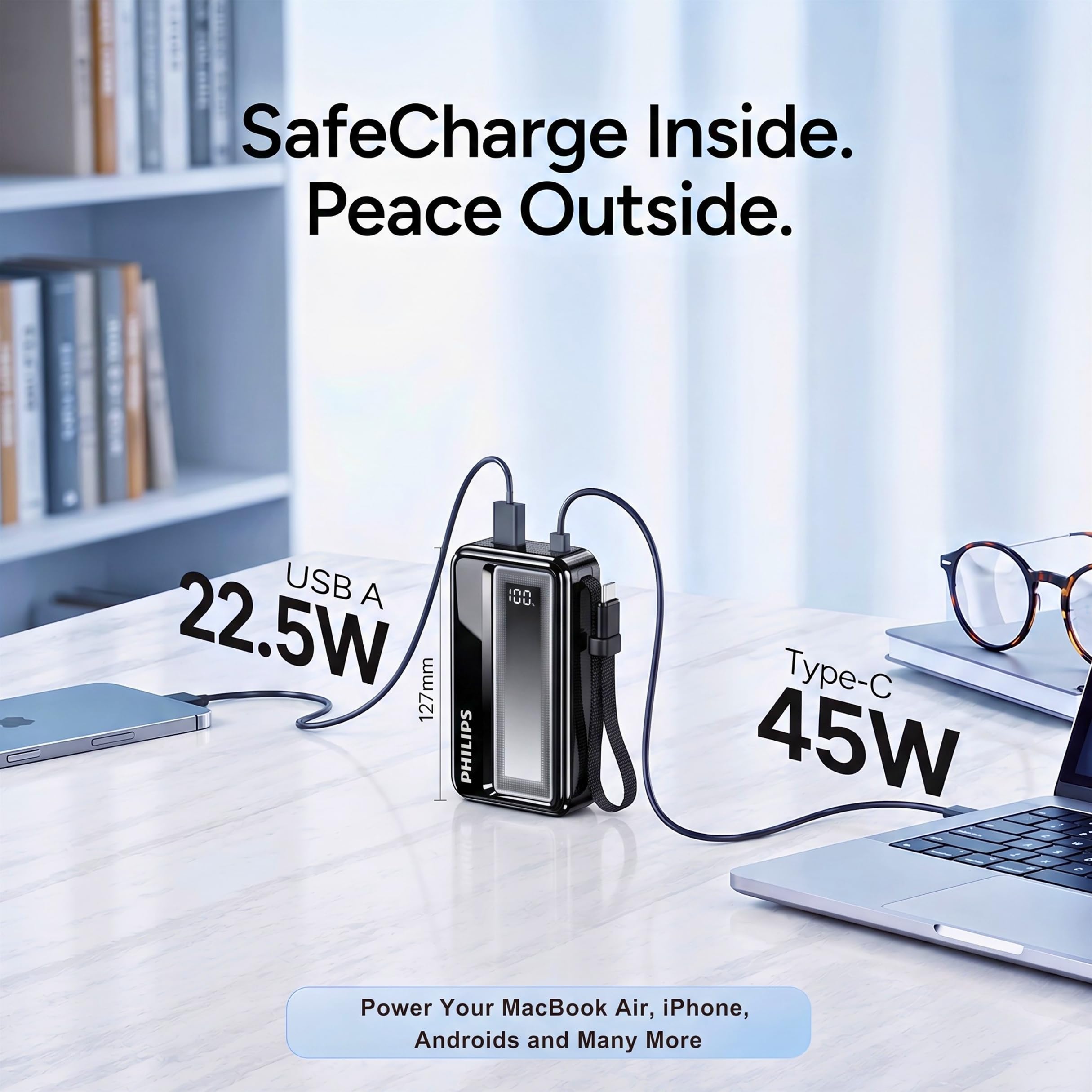 Philips DLP2721NB/94 20000mAh 45W Fast Charging Power Bank with Built-in Type-C Cable (Dark Slate) | Digital LED Display | Lithium Polymer | 2 Type-C & USB-A | Pocket Size | Compact & Travel-Friendly — Amazon image 5