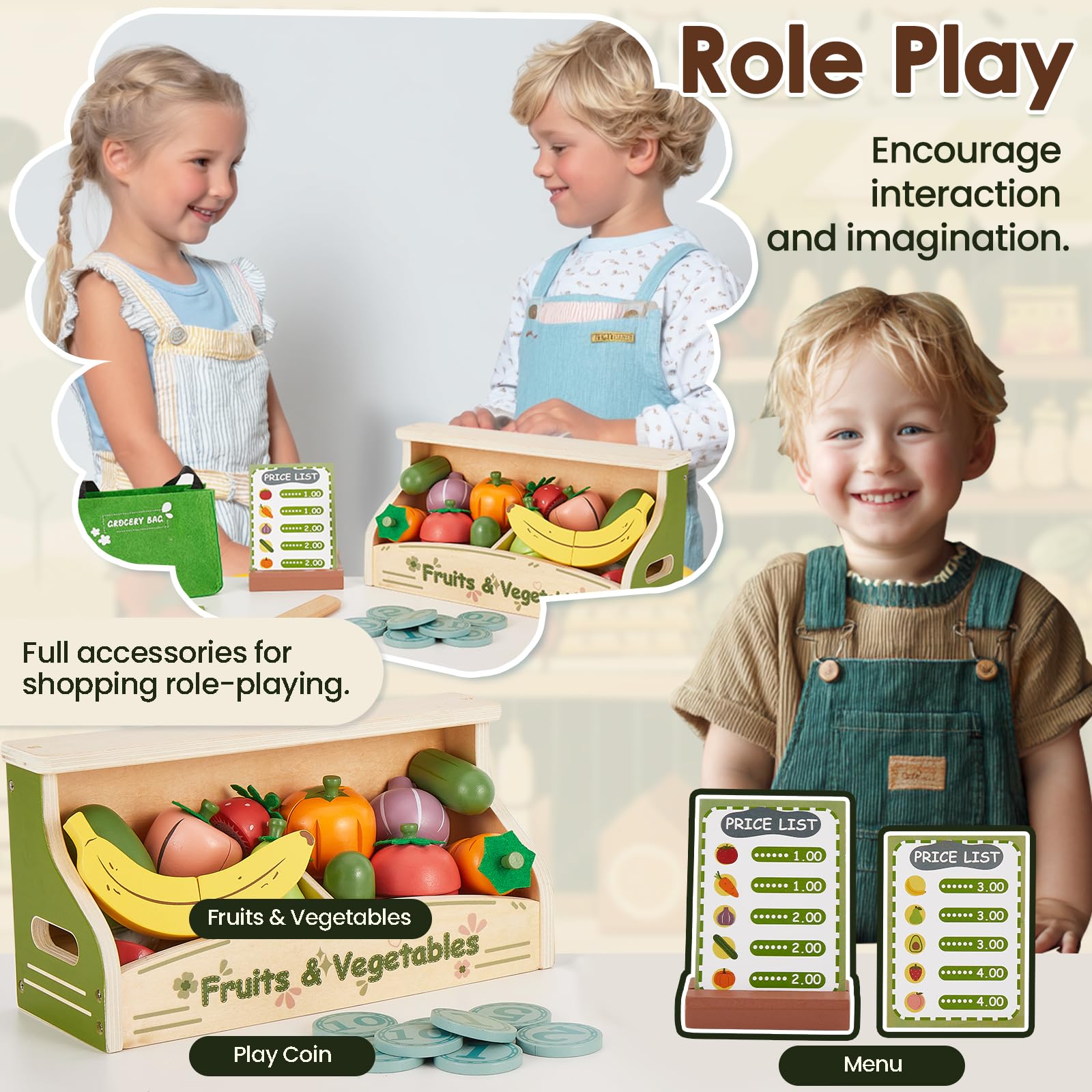 BUYGER Frutas y Verduras Juguete para Cortar, Comida Juguete Cocinita con Mostrador, Alimentos Juguete de Madera para Cocina, Montessori Educativo Regalo Navidad para Niños 2 3 4 5 Años