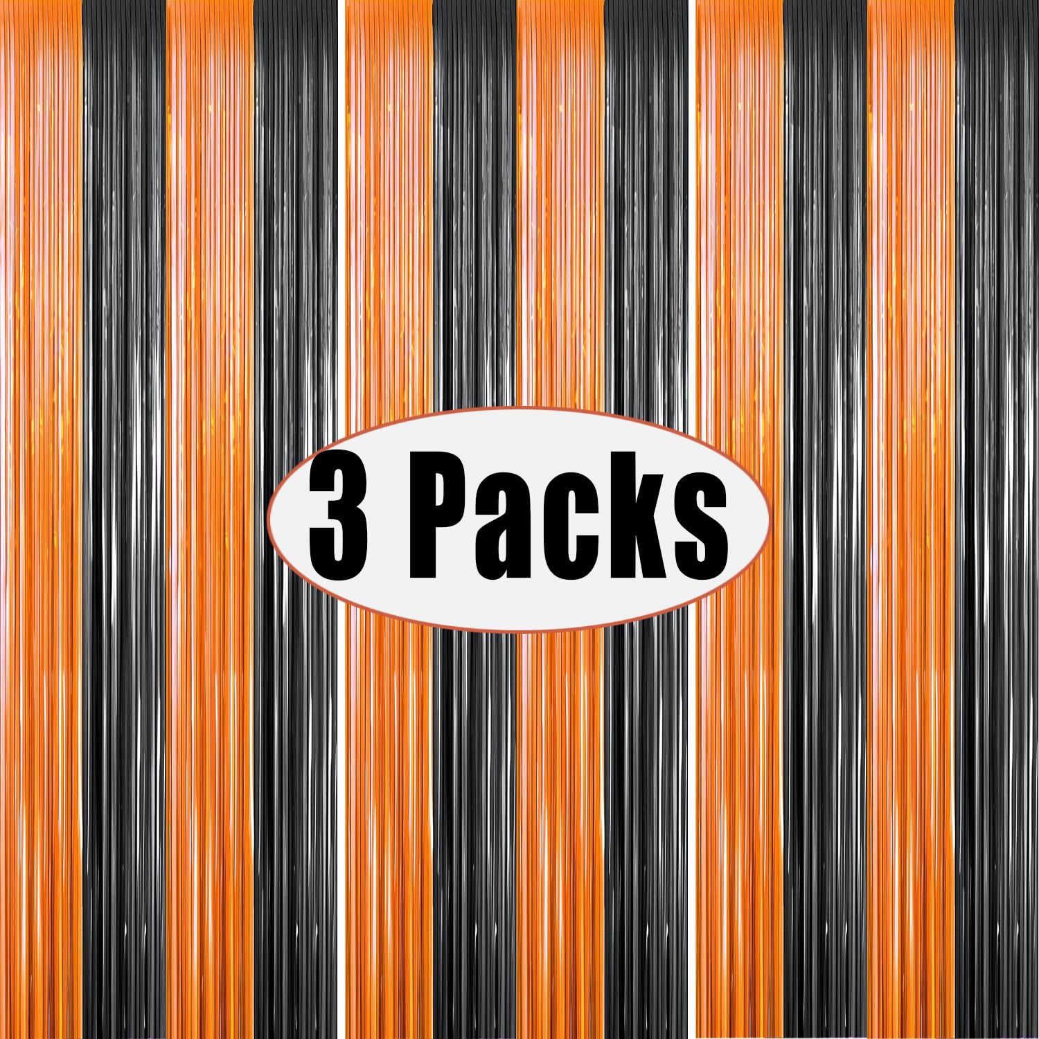 3 Packs 3.3ft x 6.6ft Orange Black Metallic Tinsel Foil Fringe Curtains Photo Booth Props for Halloween Birthday Bridal Shower Baby Shower Bachelorette Holiday Celebration Party Decorations