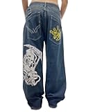 Unisex Y2K Hip Hop Street Jeans Skeleton Printed Gothic Baggy Jeans Vintage High Waist Denim Jeans Wide Leg Pants