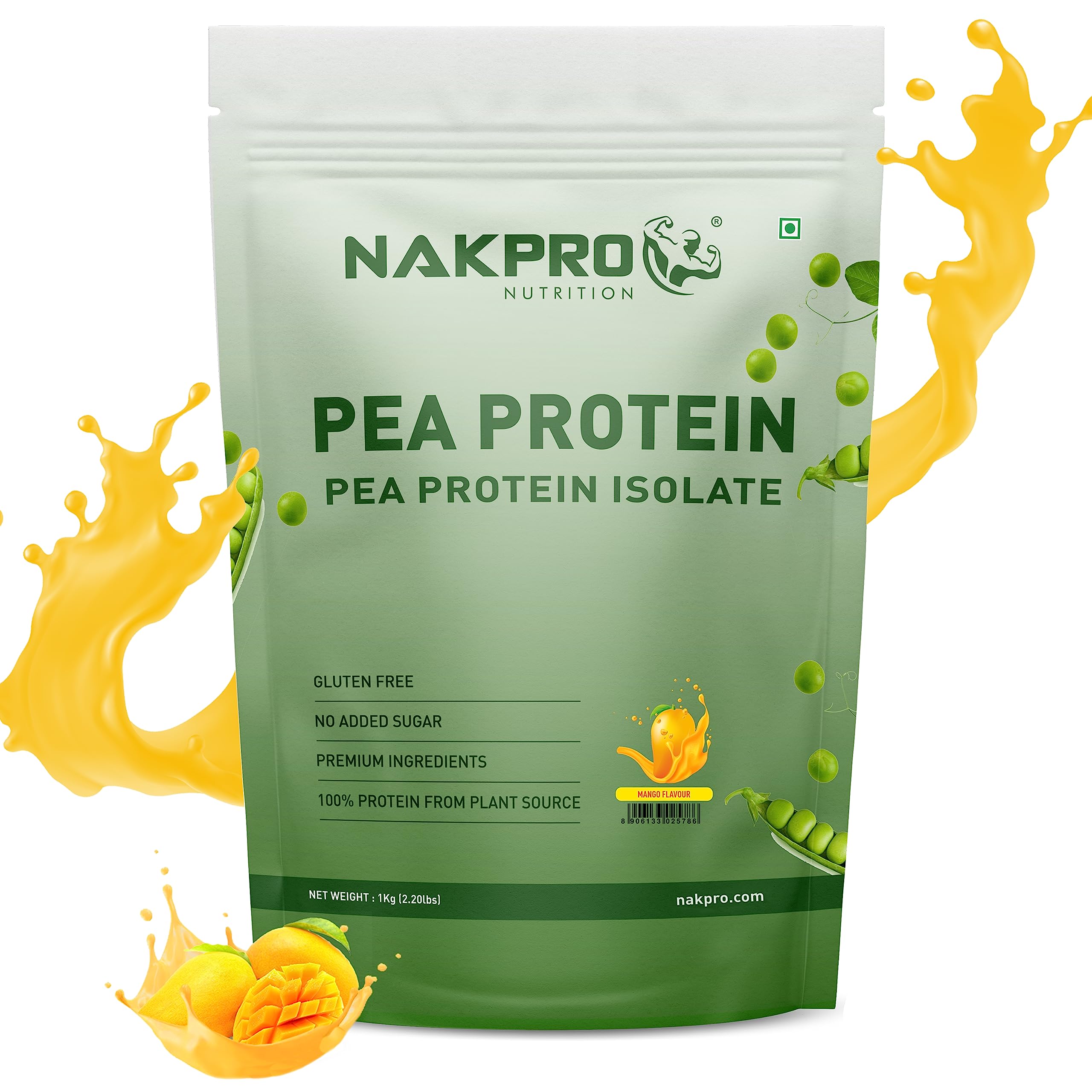 NAKPRO100% Pea Protein Isolate, Mango - 1kg | 26g Protein, 4.9g BCAA | Natural Vegan Plant Protein Powder | Easy To Digest | All Essential Amino Acids for Muscle Gain and Recovery