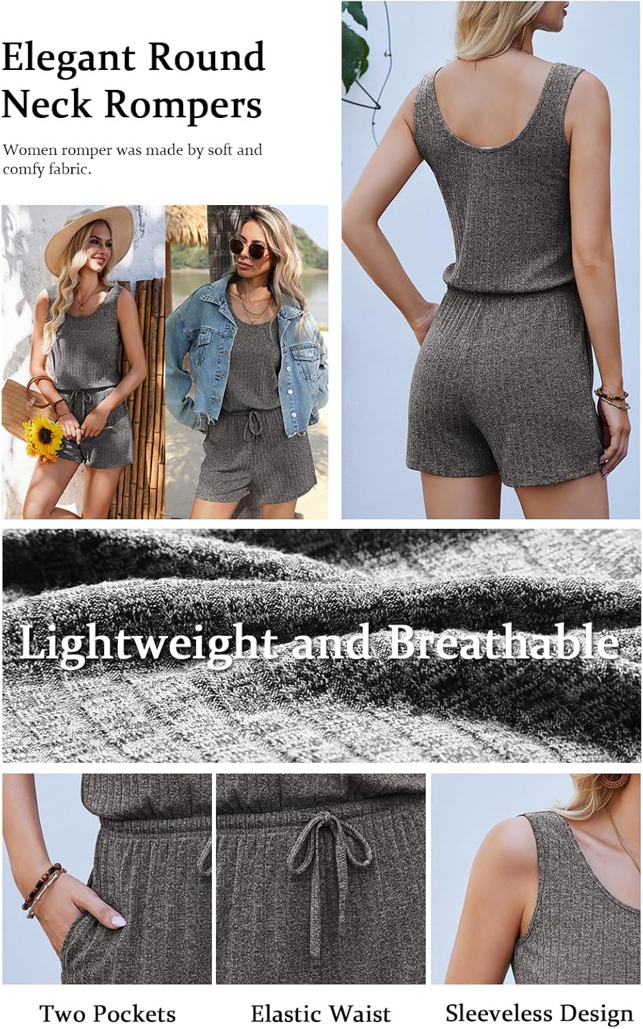 Ekouaer Rompers for Women Summer 2026 Casual Sleeveless Scoop Neck Tank Top Ribbed Short Jumpsuits Romper with Pockets - Image 5