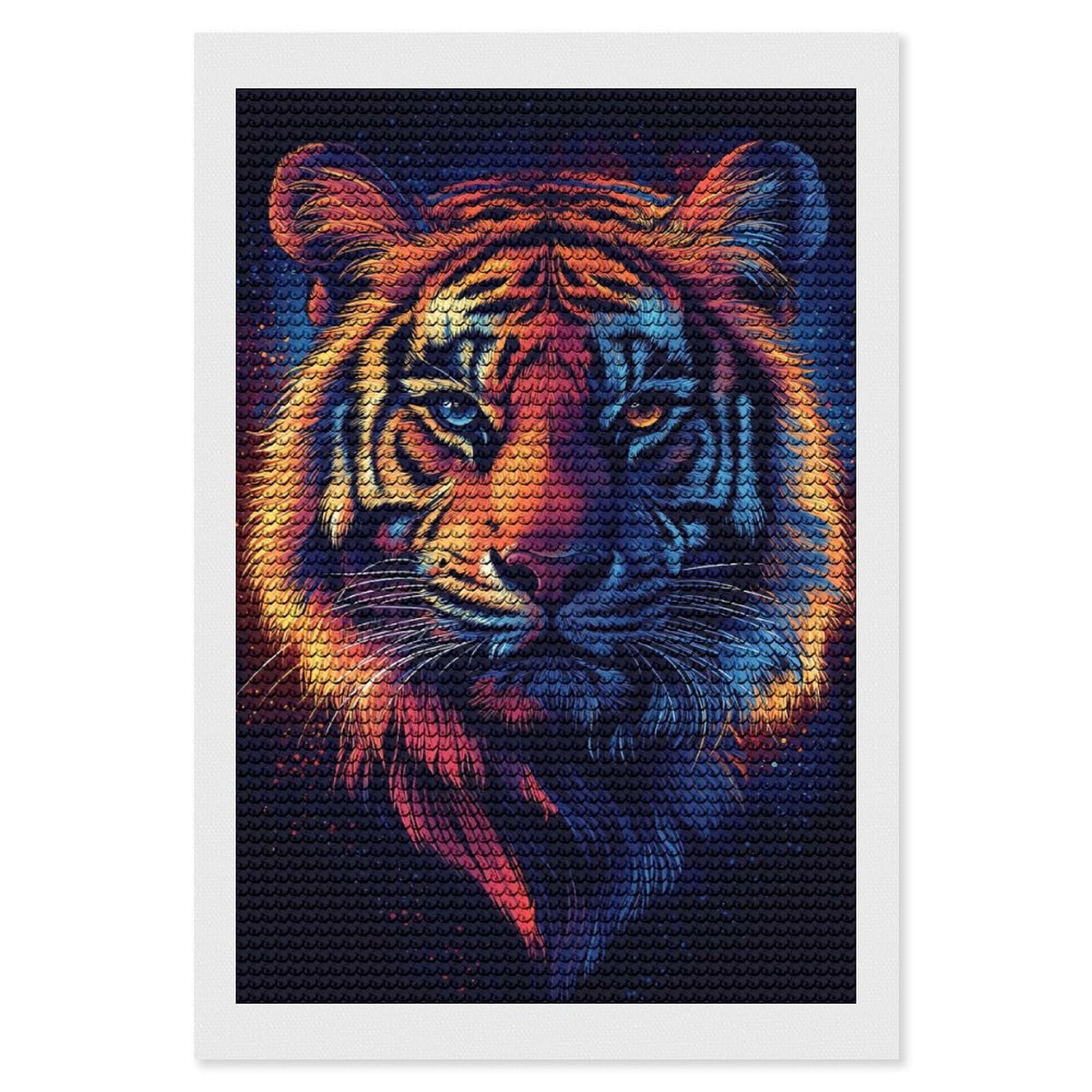 Junmoney Colorful Tiger Portrait Crystal Diamond Art Kit 8"x12", Stress Relief Craft, Decorative Artwork, Vintage Style Decor, Birthday Gift