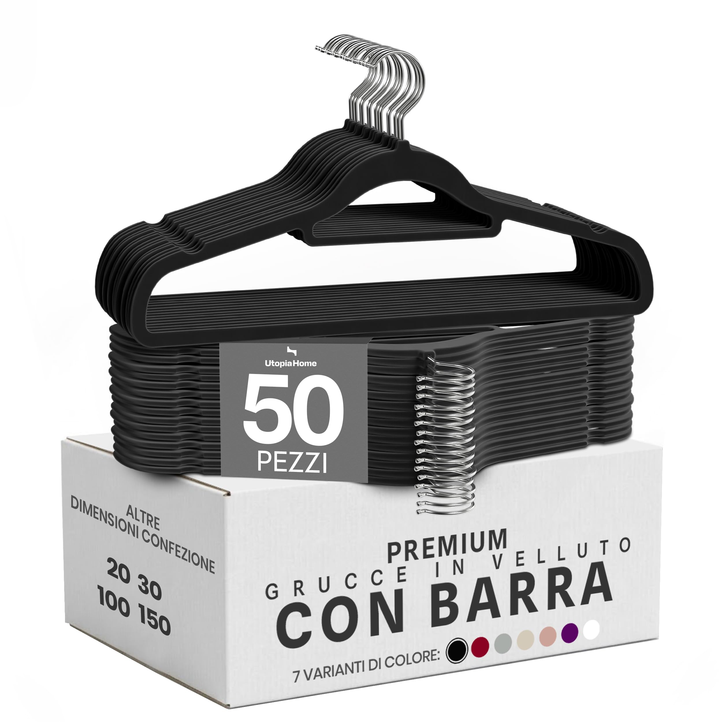 Utopia Home Grucce Velluto con barra cravatte (Nero, Set da 50) | Appendiabiti antiscivolo | Design elegante | Resistenti | Adatti per abbigliamento da adulto, cappotti e completi