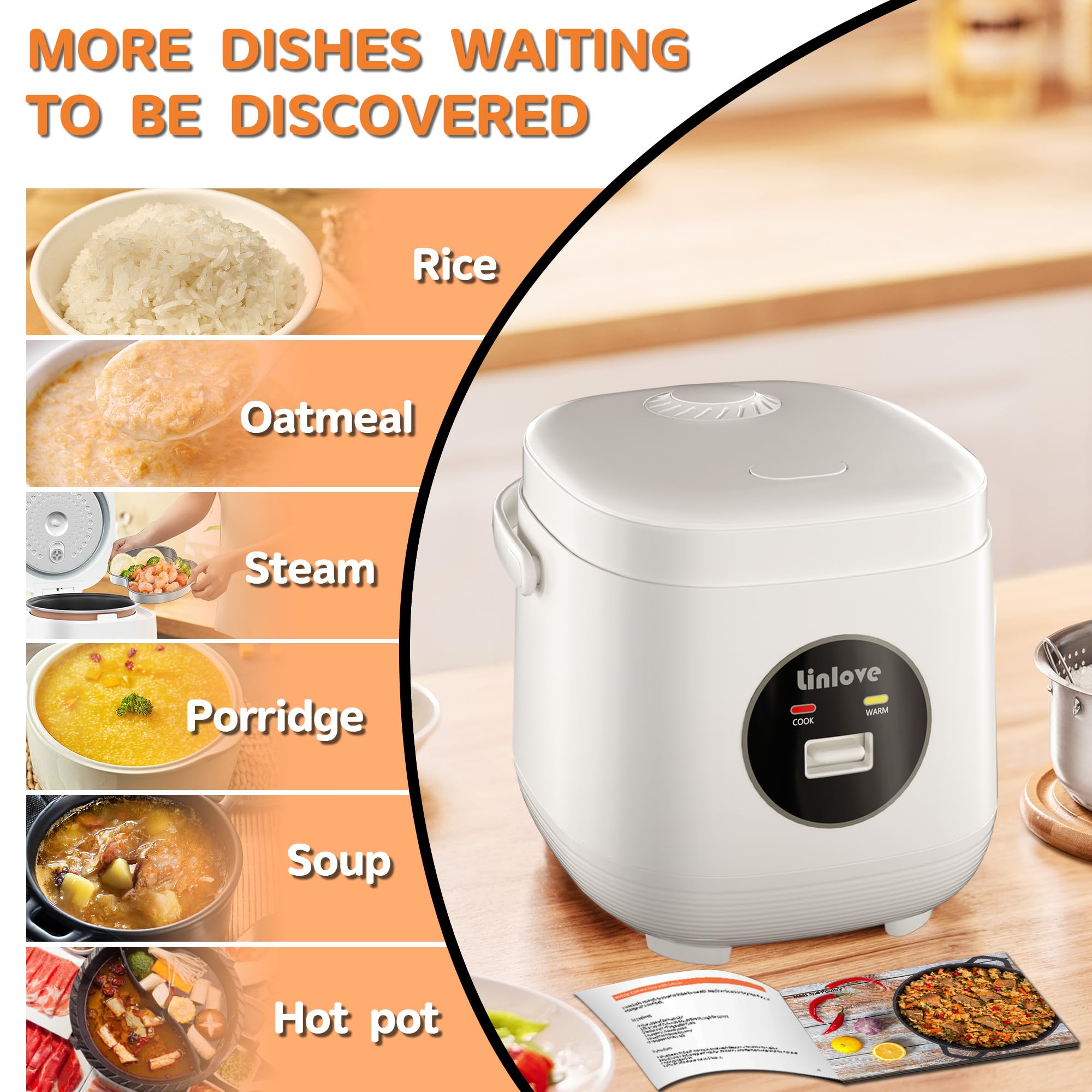 3 Cups Mini Rice Cooker Portable 1.6 Quart Capacity Non-Stick Small Rice Maker, Rice cooker with BPA Free,One Touch & Keep Warm Function,Recipe Book,Food Steamer,White,120V