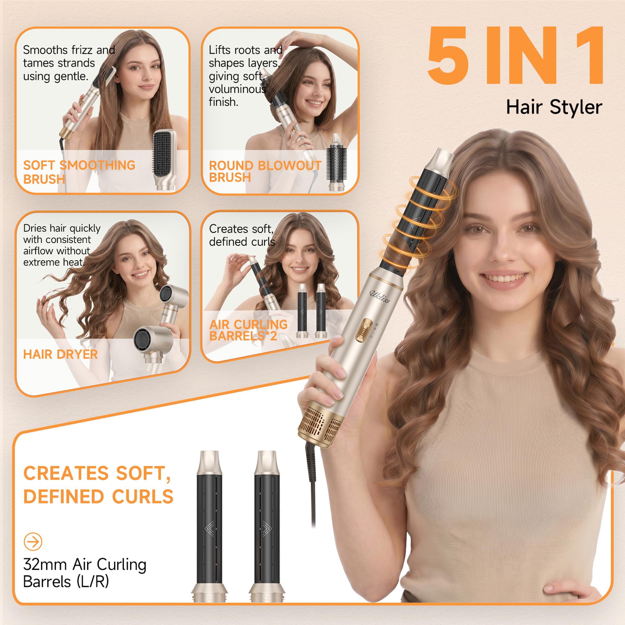 UKLISS Hairstyler - Set 5 in 1 con spazzola rotonda per capelli da 1000 W, con arricciacapelli ad aria, spazzola ad aria calda, spazzola per asciugacapelli, spazzola lisciante, per asciugare e