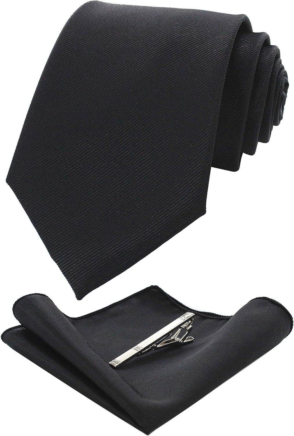 RBOCOTT Black Silk Tie and Pocket Square, Necktie Tie Clip Set for Men