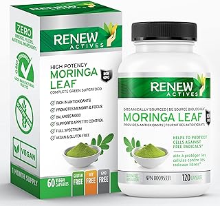 Renew Actives Organic Moringa Leaf Supplement: 120 High Potency Moringa Oleifera Capsules - Green Superfood & Antioxidant Support Against Free Radical Damage- Easy to Swallow Vegan Capsules. NON-GMO & GLUTEN-FREE. No Fillers, Binders or Preservatives. Made in Canada!