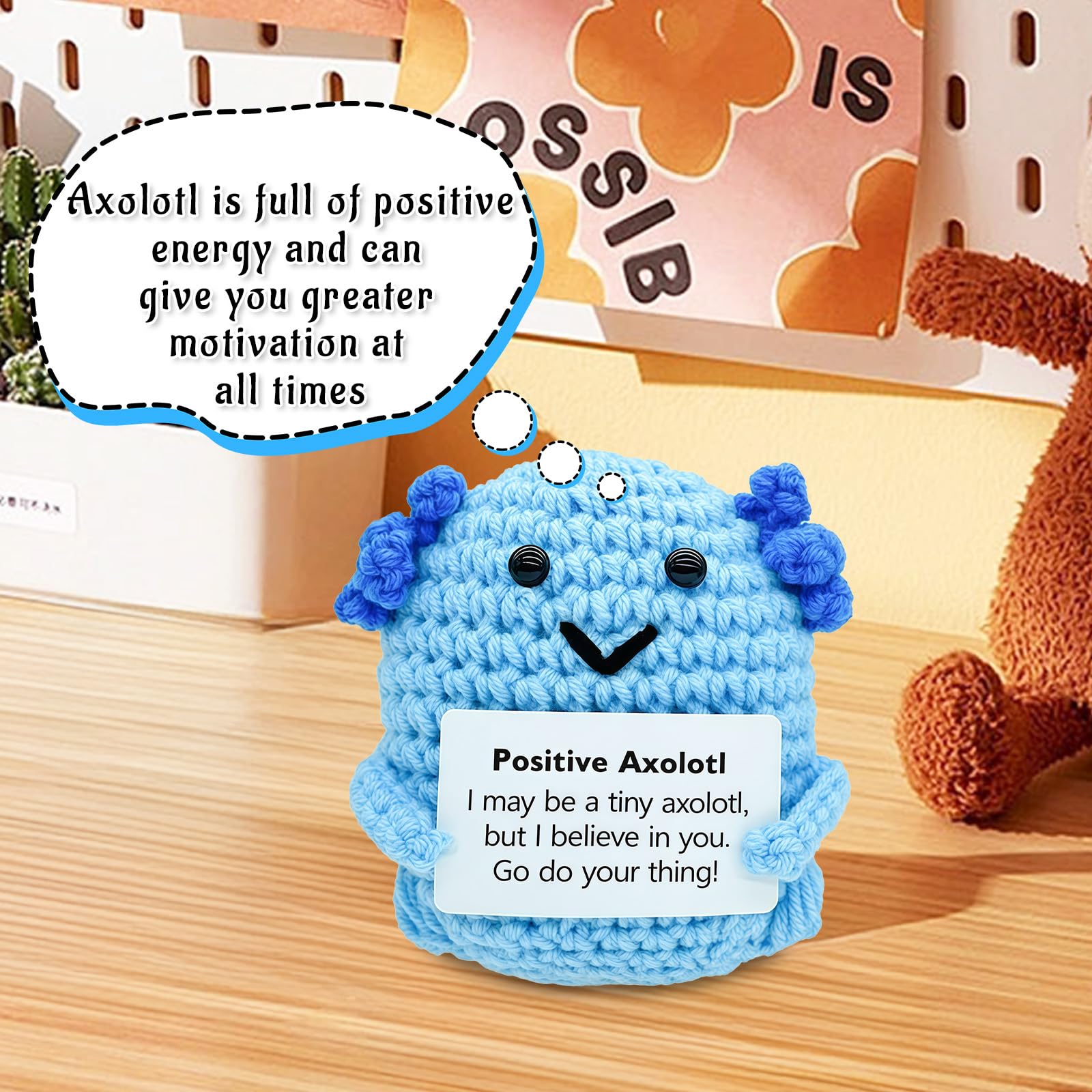 Positive Axolotl Crochet Emotional Support Crochet, Mini Knitted Axolotl Doll with Card Handmade Motivational Good Luck Funny Gifts Friends Party Cheer Up Support Toy Presents for Kids Boys Girls - Image 2
