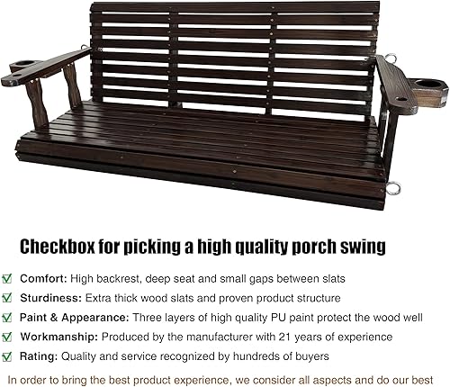 Miniatura 4 de Fortune Candy - Columpio de madera para porche de 3 plazas, con respaldo alto y asiento profundo, columpio-banco con portavasos, cadenas colgantes y