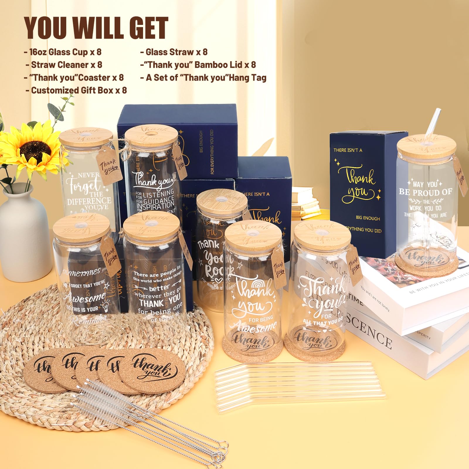 8 Set Employee Appreciation Gifts Glass Cups, Thank You Teacher Appreciation Gifts for Staff Coworker 16oz Can Shaped Beer Glass Cups, Gift Box, Hanging Cards and Coaster Birthday Gift for Team Women