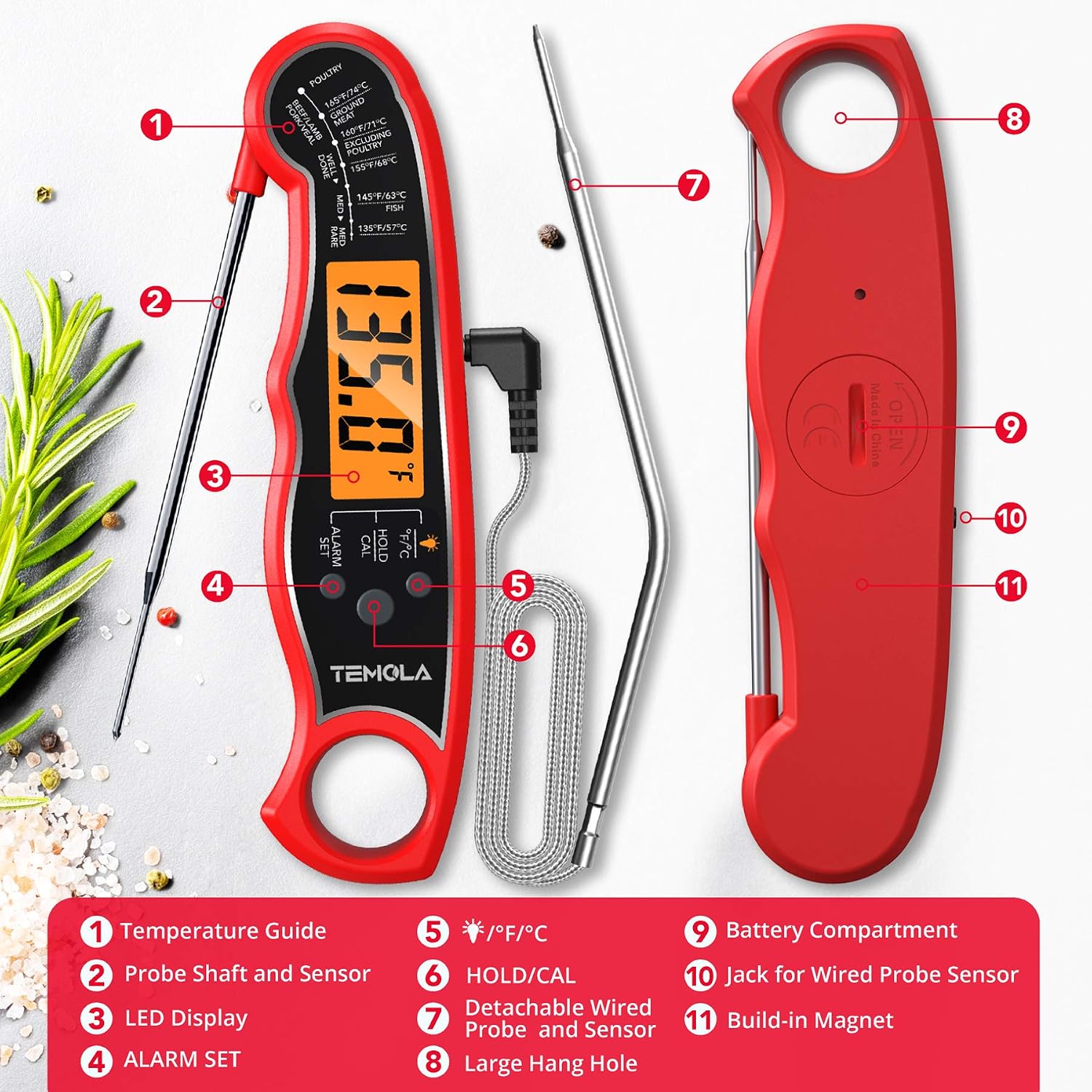 Diagram showing components of the TEMOLA DT-68A thermometer, including battery compartment and probe jack.