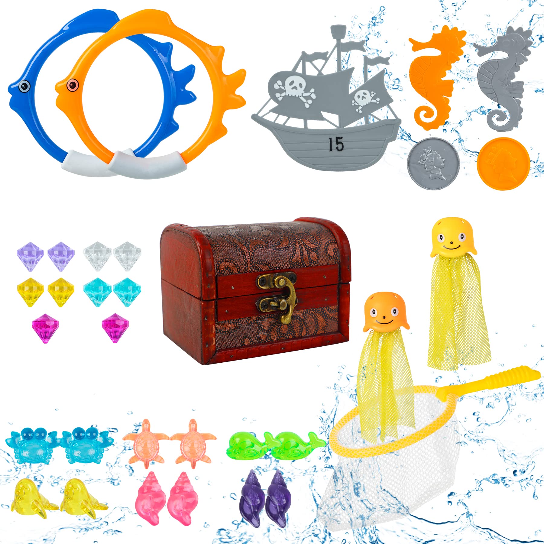 33 Piezas Juegos Piscina para Niños, Juguetes Buceo de Piscina para Niños, Juguetes para bucear Subacuáticos con Anillos Buceo, Juegos Agua de Regalo de VeranopPara Entrenamiento Piscina Niño Niña