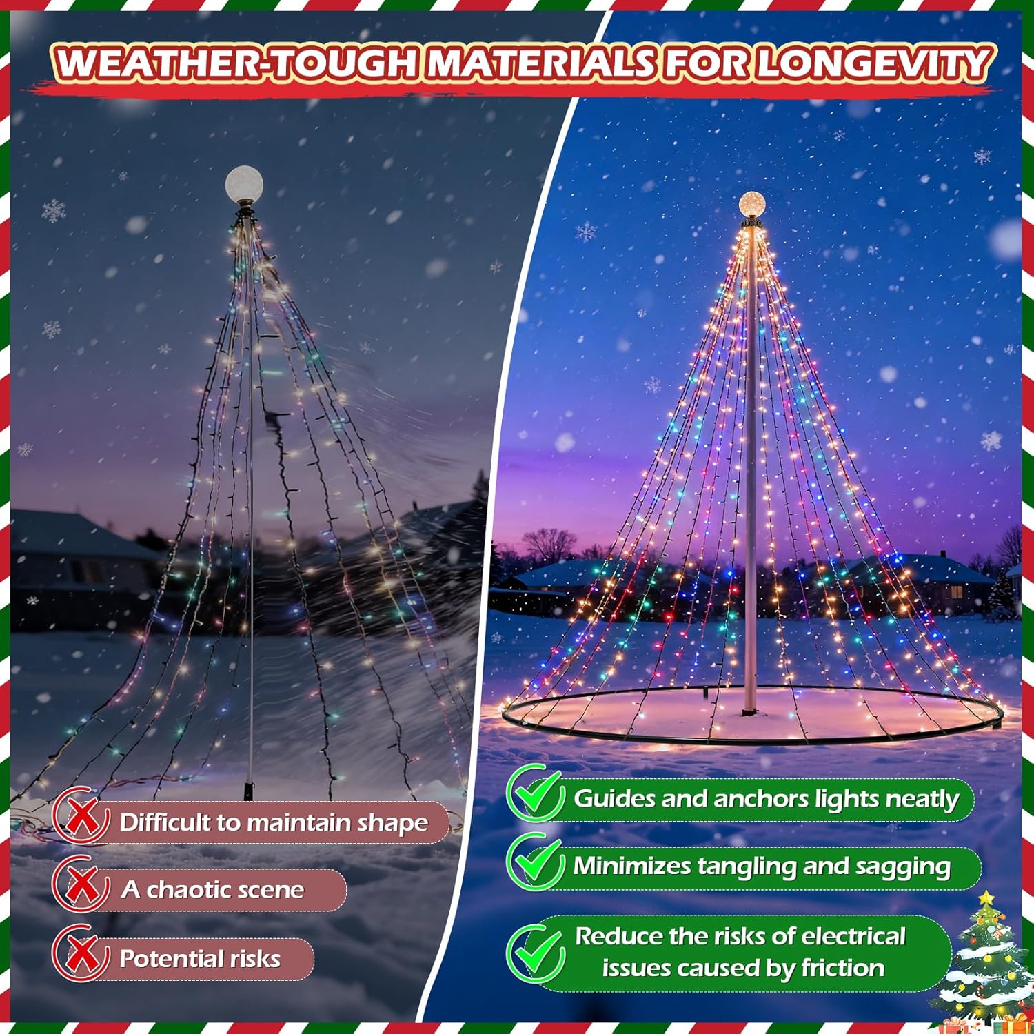 Flag Pole Christmas Tree Kit with Plastic Flag Pole Mega Topper Light Hook and Heavy-Duty Metal Hoop, for 15-30 FT Telescoping In-Ground Poles, Outdoor Decoration for Patio Yard (No Lights)