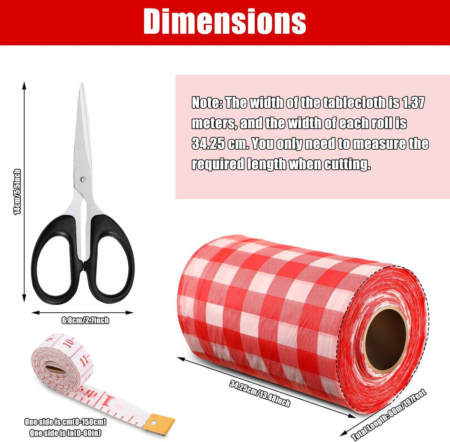 Gingham Plastic Tablecloth Roll Buffalo Checkered Table Cover Waterproof 54 Inch x 197 Feet with Scissors and Tape Measure for Picnic Banquet Birthday Wedding Christmas (Red-White Plaid Style)