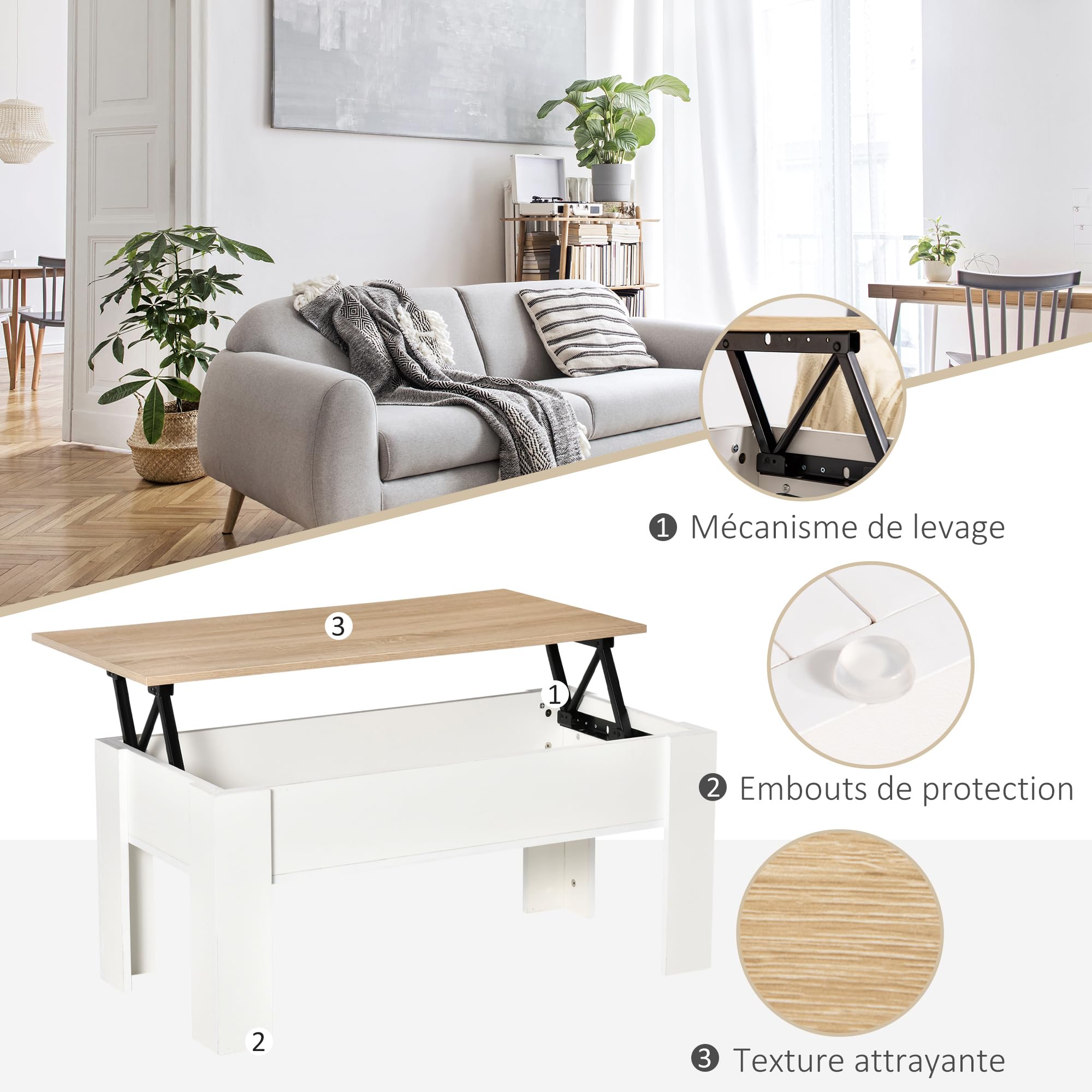 Table Basse HavenlyHome, Table de Salon avec Plateau Relevable,2 Tiroirs, Rangement et Compartiment Caché, 49x104x46 à 62 cm, Gris - Maison
