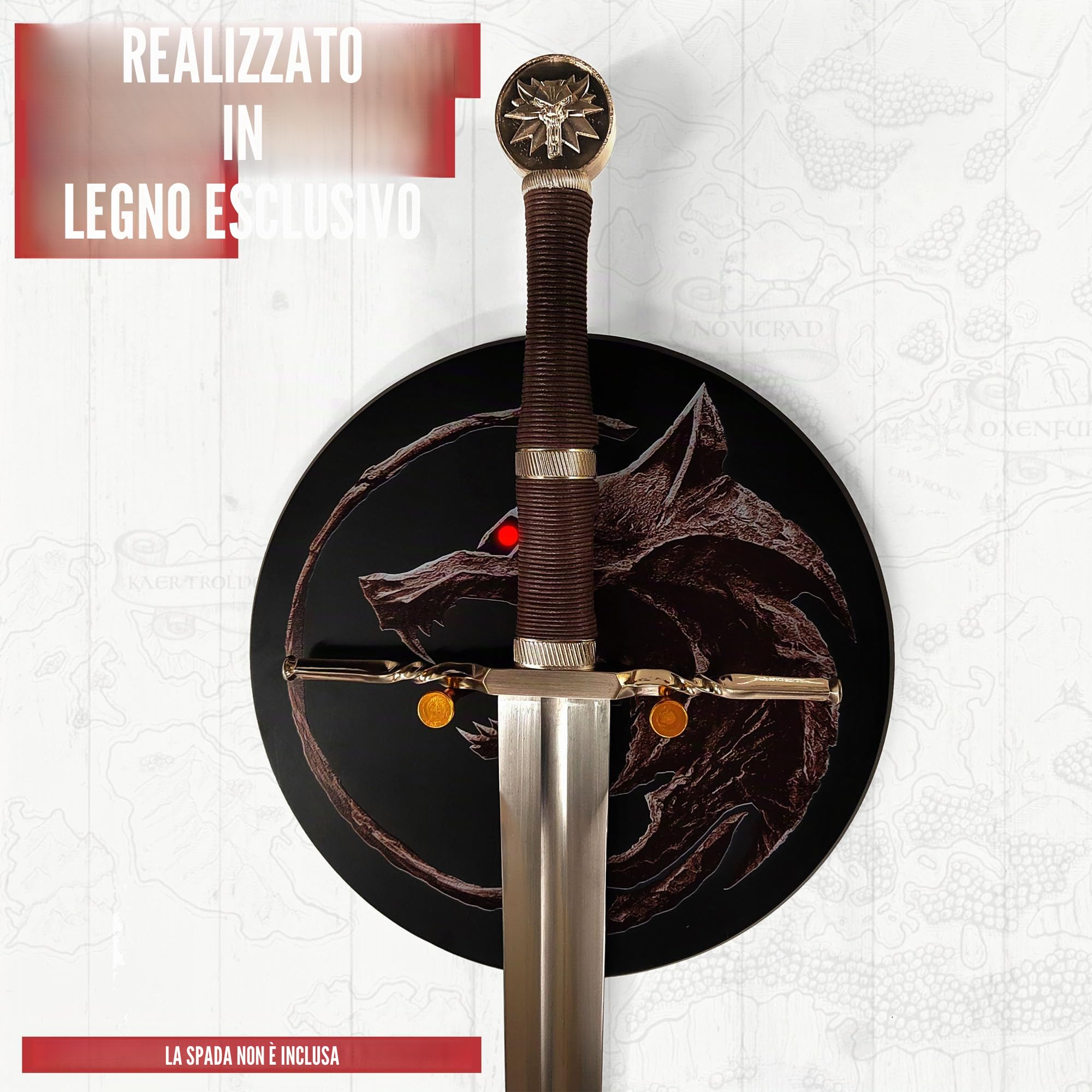 Witcher - Espositore da parete rotondo in legno per spada d'argento & spada d'acciaio di Geralt von Riva, supporto da parete decorativo per collezionisti, cosplay e appassionati di giochi e serie