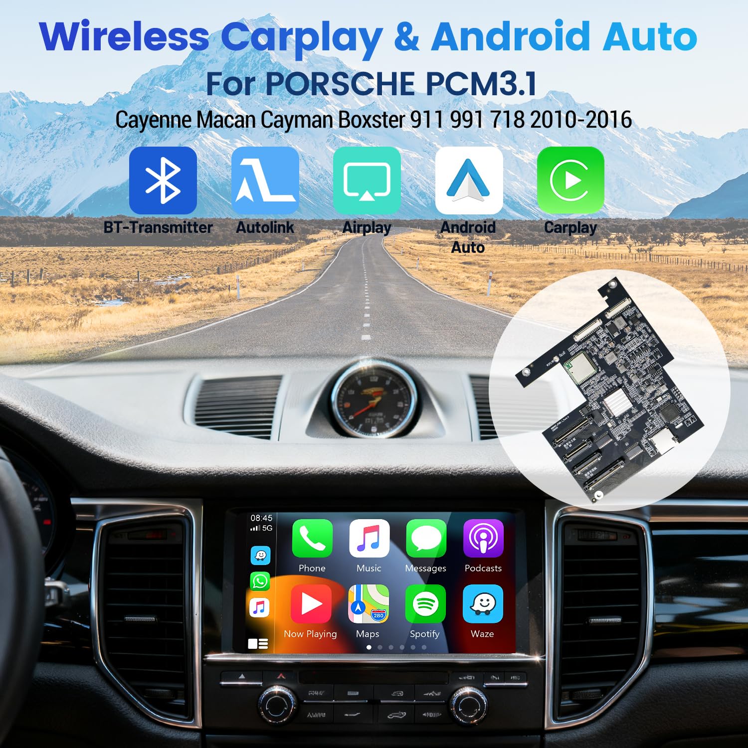 HMYC Module CarPlay sans Fil et Android Auto PCM 3.1 pour Porsche Panamera, Cayenne, Macan, Cayman, Boxster, 911, 718, Compatible avec caméra de recul, MirrorLink et Commandes d’Origine du véhicule