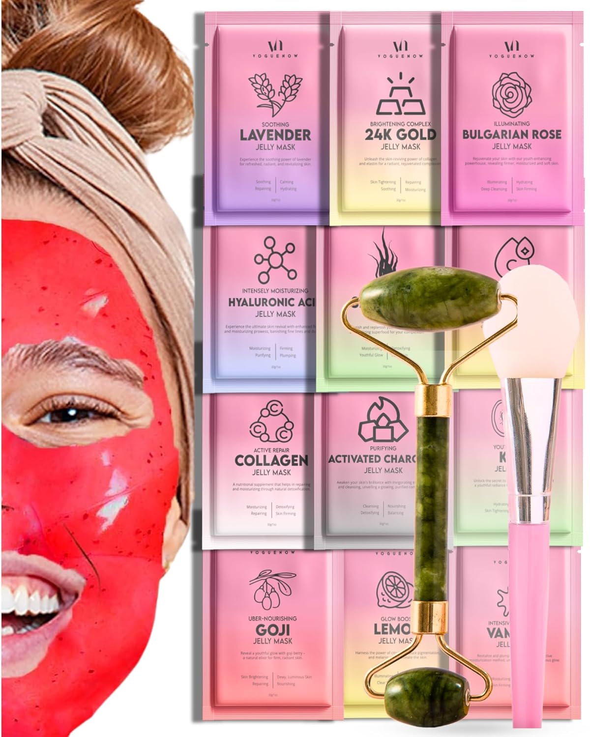 Jelly Mask for Facials – 12 Flavors Hydrating & Brightening Jelly Face Masks | Free Jade Roller & Spatula | Bulgarian Rose, Lavender, Hyaluronic Acid, 24K Gold face mask skin care |Vajacial Jelly Mask Jelly Mask for Facials – 12 Flavors Hydrating & Brightening Jelly Face Masks | Free Jade Roller & Spatula | Bulgarian Rose, Lavender, Hyaluronic Acid, 24K Gold face mask skin care |Vajacial Jelly Mask
