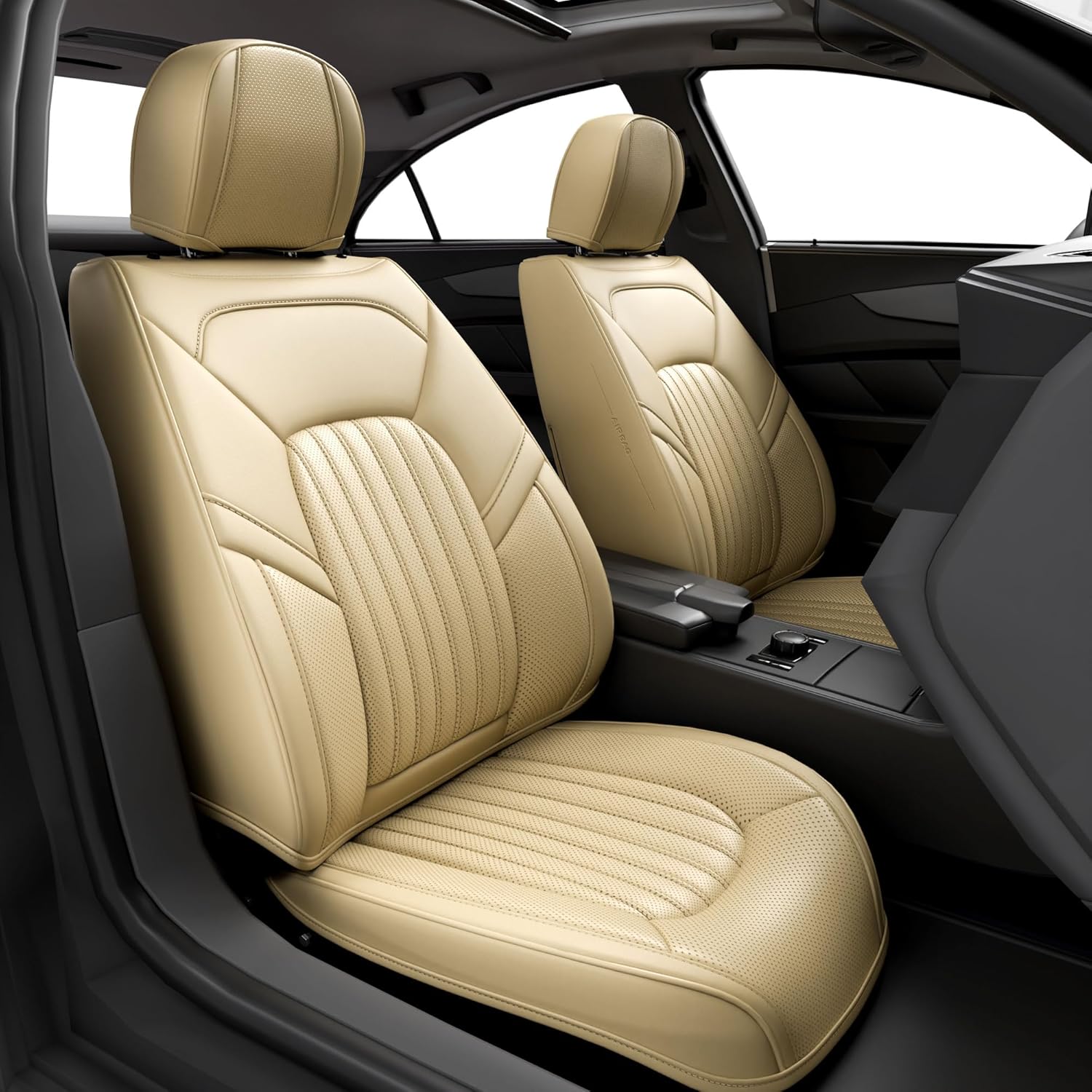 2 pieces zc front car seat covers, waterproof nappa leather front car seat protectors, universal auto interior fit for sedans suv pick-up truck, beige