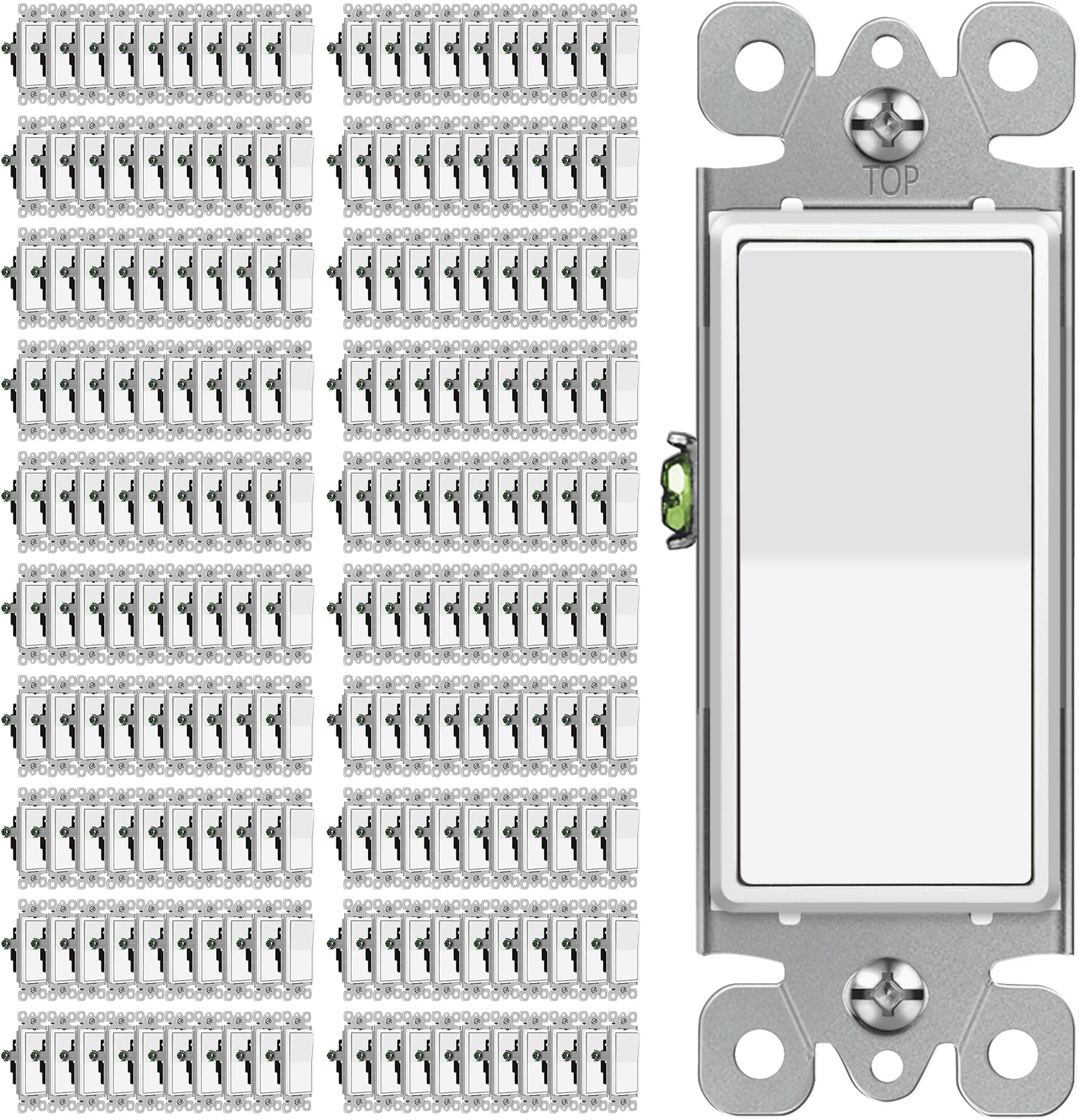 CML 200 Pack Decorator Paddle Rocker Light Switches, 15 Amp Single Pole Switch, 15A 120/277V, On/Off Interrupter, UL Listed, White