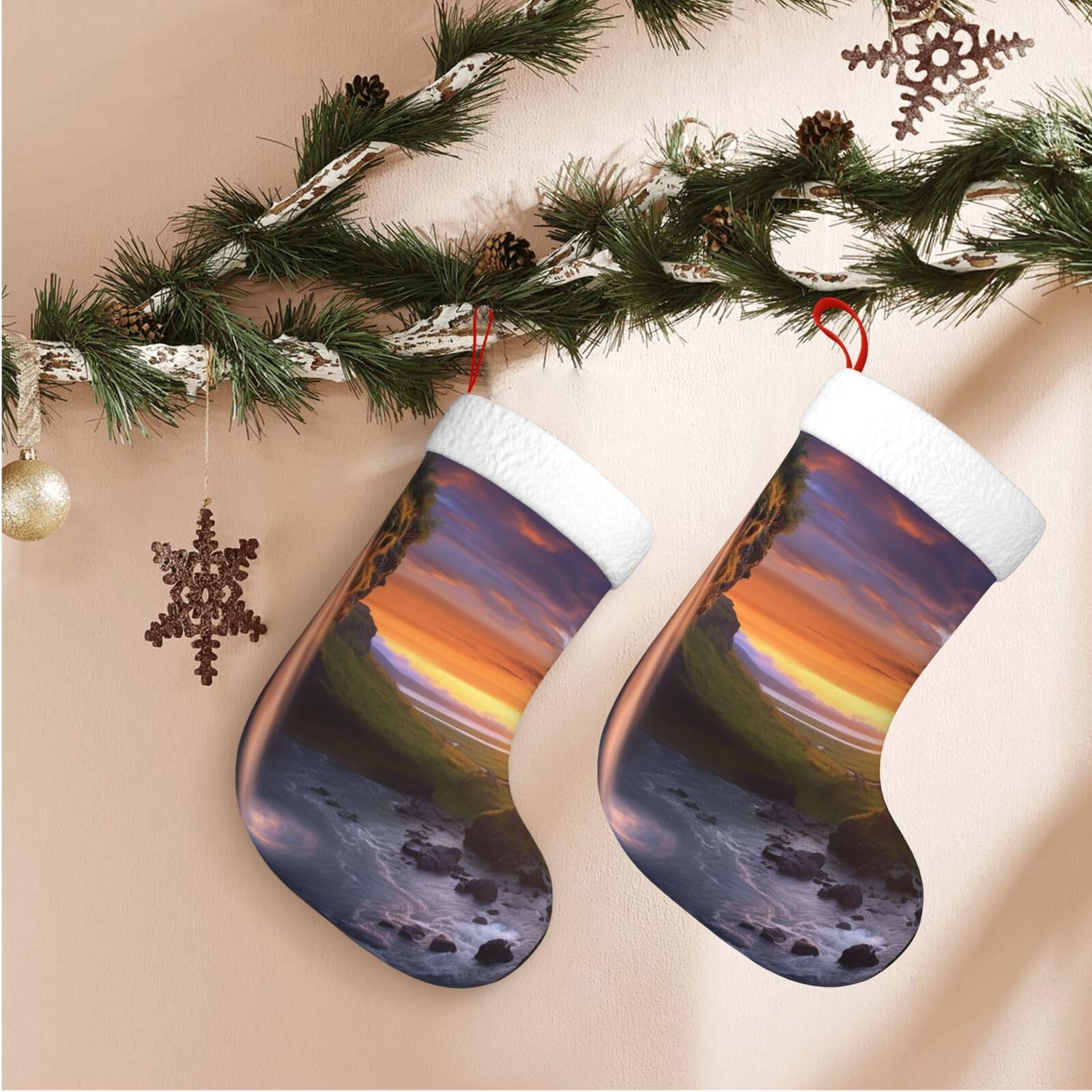 Waterfall at Sunset Christmas Stockings Velvet Xmas Fireplace Hanging Stocking with Plush Cuff Rustic Christmas Santa Stockings for Home Christmas Decorations Party Favor Supplies