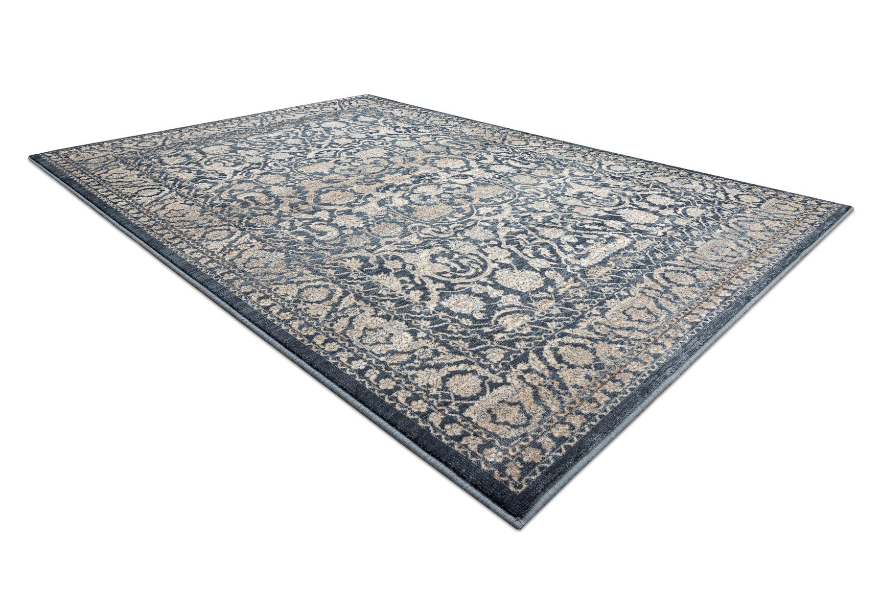 Teppich Wolle NAIN für Wohnzimmer Schlafzimmer beige/dunkelblau 80x150 cm
