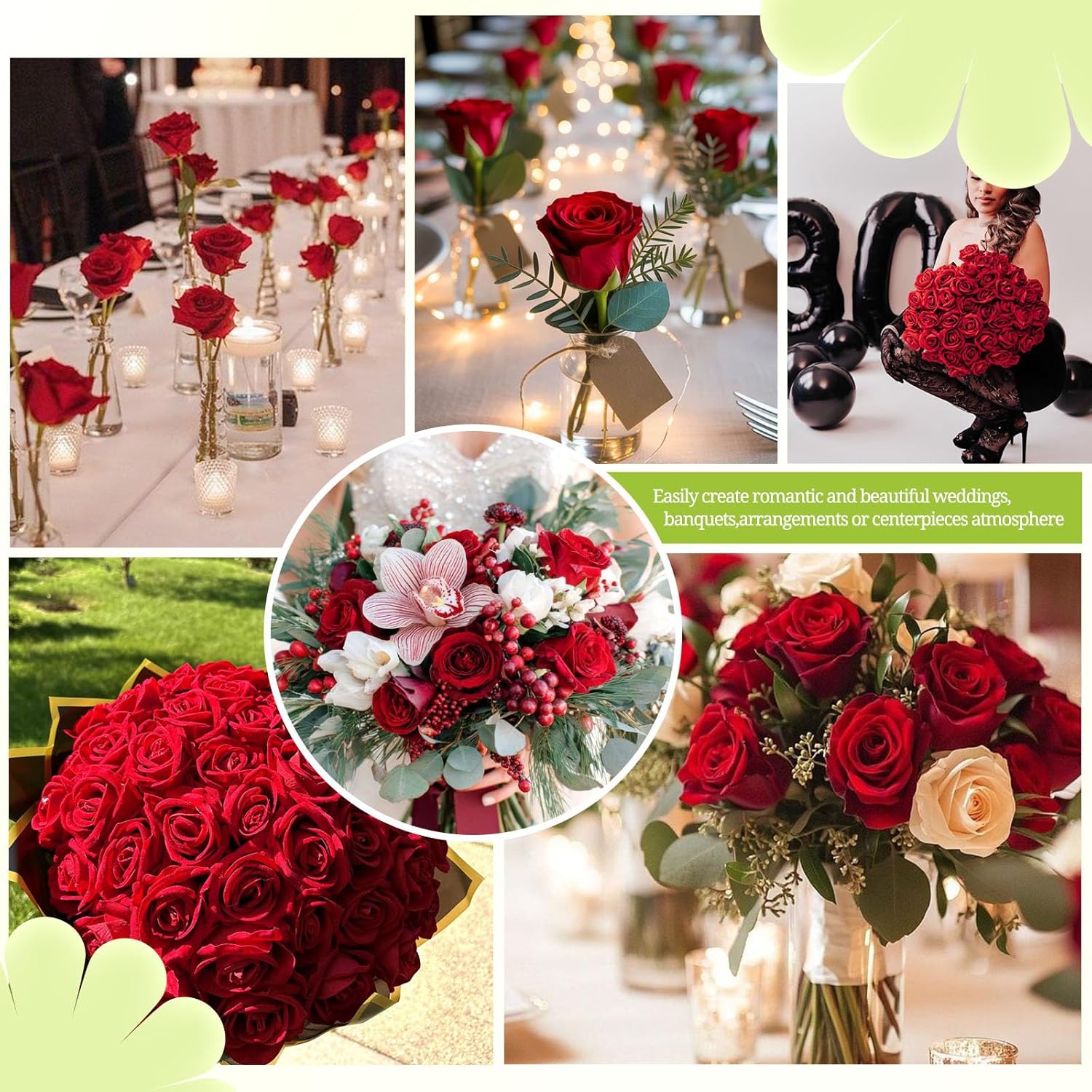 Pesonlook 50 Pcs Red Rose Artificial Roses Flowers Bulk, Red Flowers Artificial Velvet Silk Fake Roses,Realistic Faux Roses with Stems Fake Flower for Wedding,Bouquet,Bridal Shower,Party,Home Decor