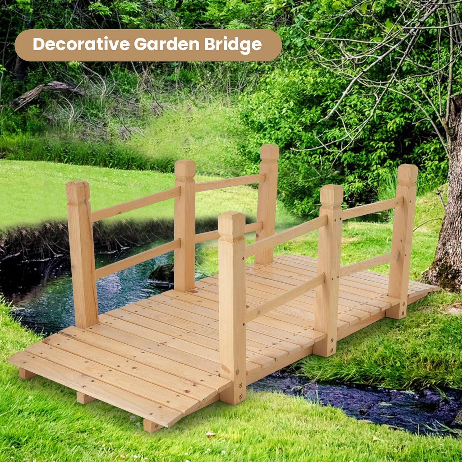 MAT EXPERT 5FT Wooden Garden Bridge, Sturdy Outdoor Pond Bridge with Safety Railings, Garden Pathway, Decorative Landscape Footpath for Backyard, Patio, Creek & Farm Decoration (Natural)