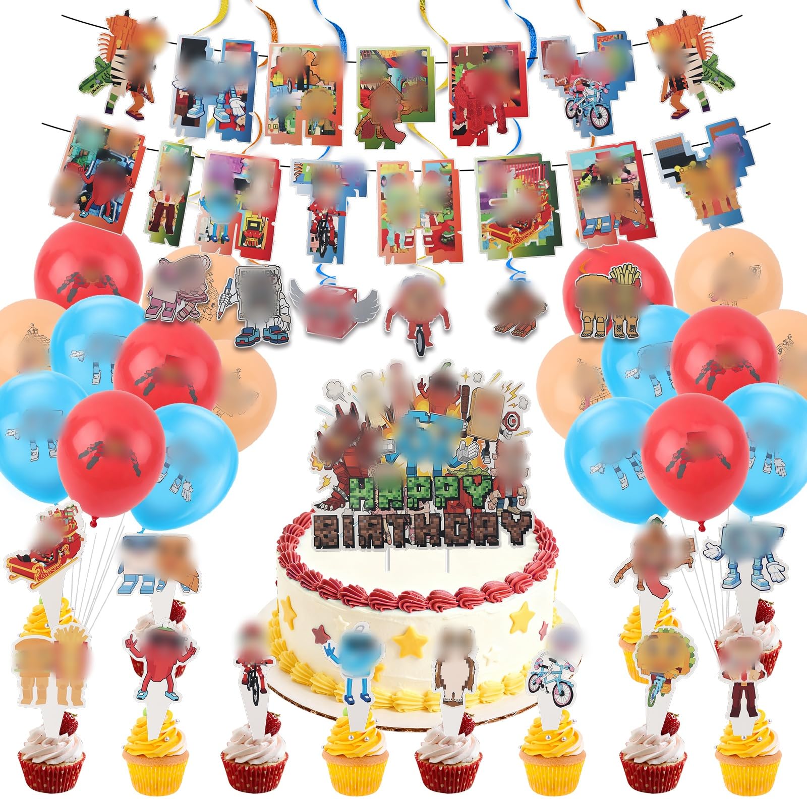 Birthday Party Decorations Supplies- 38pcs Anime Happy Birthday Banner Set includes Balloons Cake Decorations Cake Topper Cupcake Toppers Hanging Swirls, Birthday Decoration for Fan Girls Boys Party