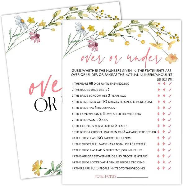 Bridal Shower Games, Wildflowers Wedding Shower Game Cards, Bachelorette Party Games For Bride Groom Newlyweds Couples, Engagement Wedding Party Decorations Supplies Favors, 25 Game Cards，b04