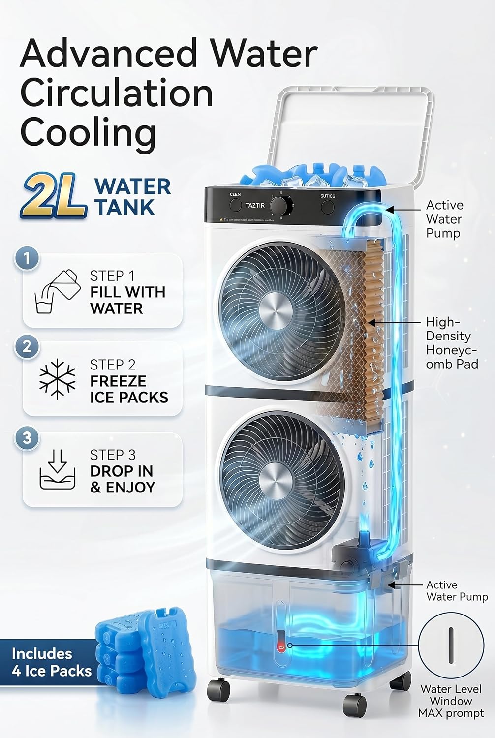 Dual Fas Portable Air Cooler, 2L Water 3-IN-1 Evaporative Swamp Cooler, 2 Modes, 3 Speeds,12H Timer, 4 Ice Packs & 4 Wheels, 45° Oscillation, 30ft/s Velocity Quiet for Room Office